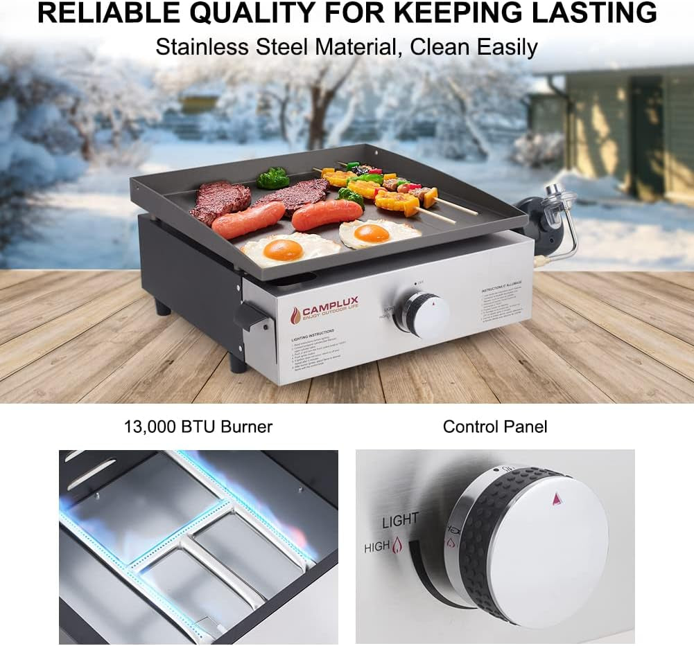 Camplux Propane Gas Grill.Flat Top Grill Station for Kitchen.Camping.Outdoor.Tabletop -Stainless Steel BBQ Griddle with Knobs & Ignition.17Inch - Image 4