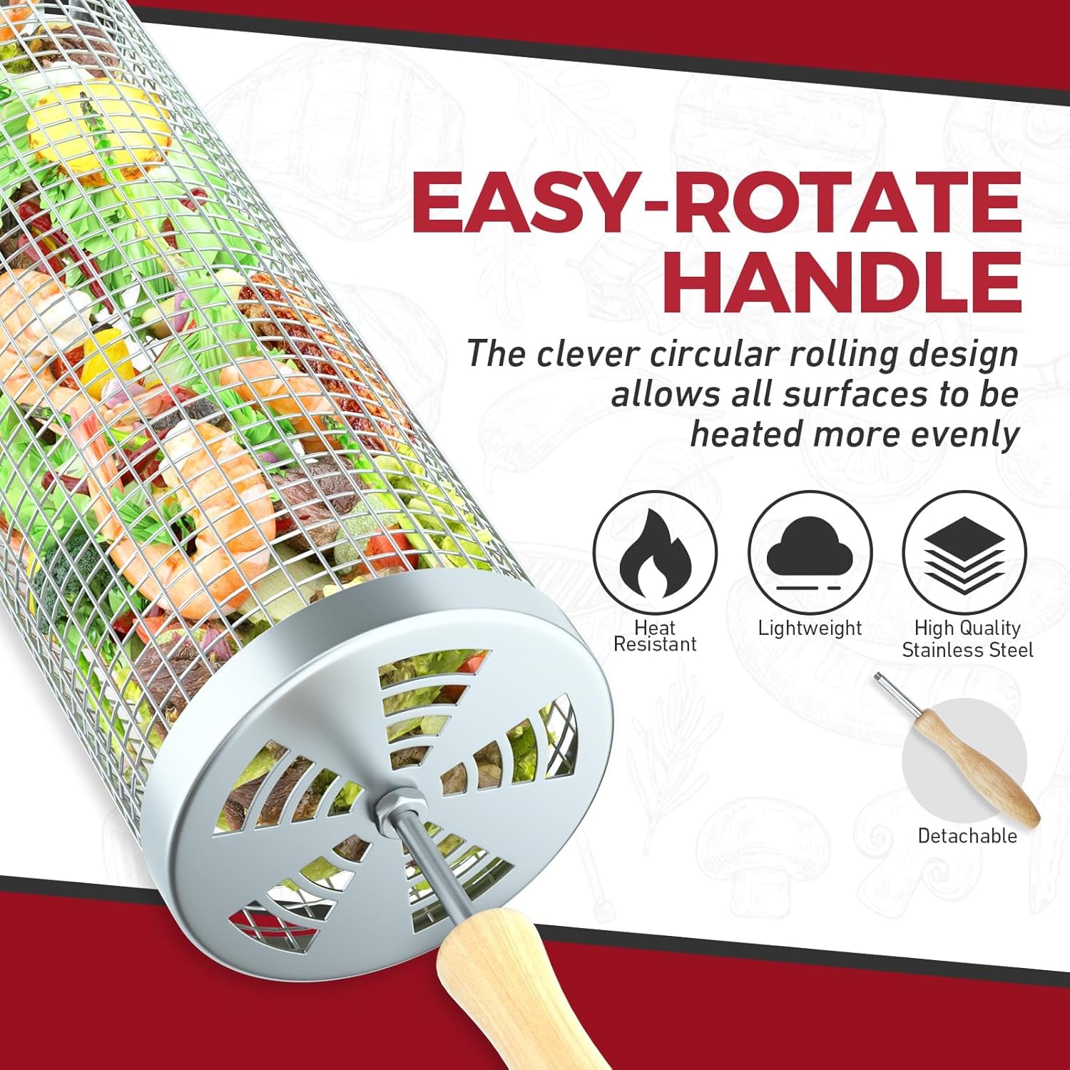 Rolling Grill Basket(2Pcs). Removable Wooden Handle. 304 Stainless Steel. Grilling Accessories Tools for Vegetables Meat Food. Outdoor Camping Grilling. Birthday Gifts for Men Husband Men - Image 6