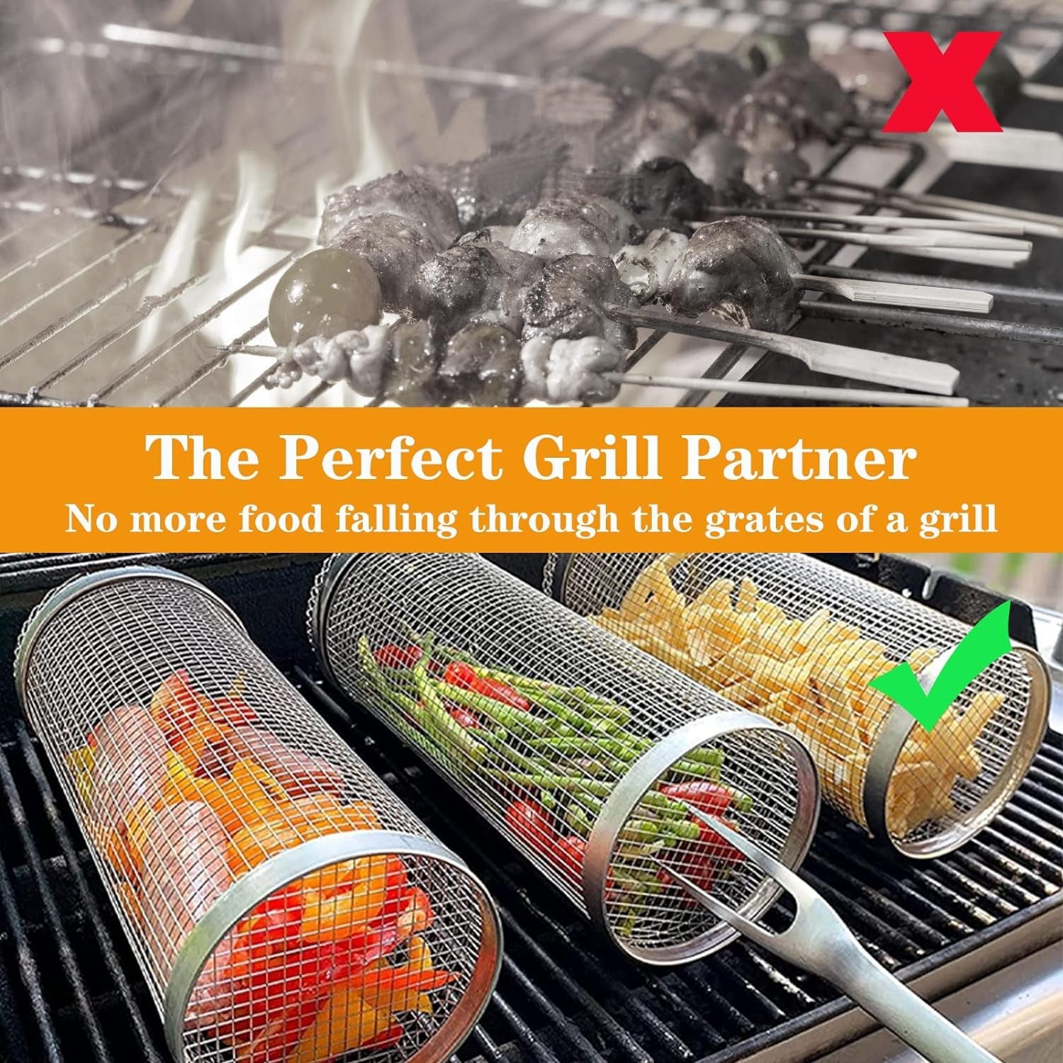 JAYUNSHY Stainless Steel Barbecue Cooking Grill Grate with Cleaning Brush. 12 Inch Rolling Grilling Basket Vegetable Grill Basket round BBQ Grill Mesh Portable Outdoor Camping BBQ Rack - Image 2