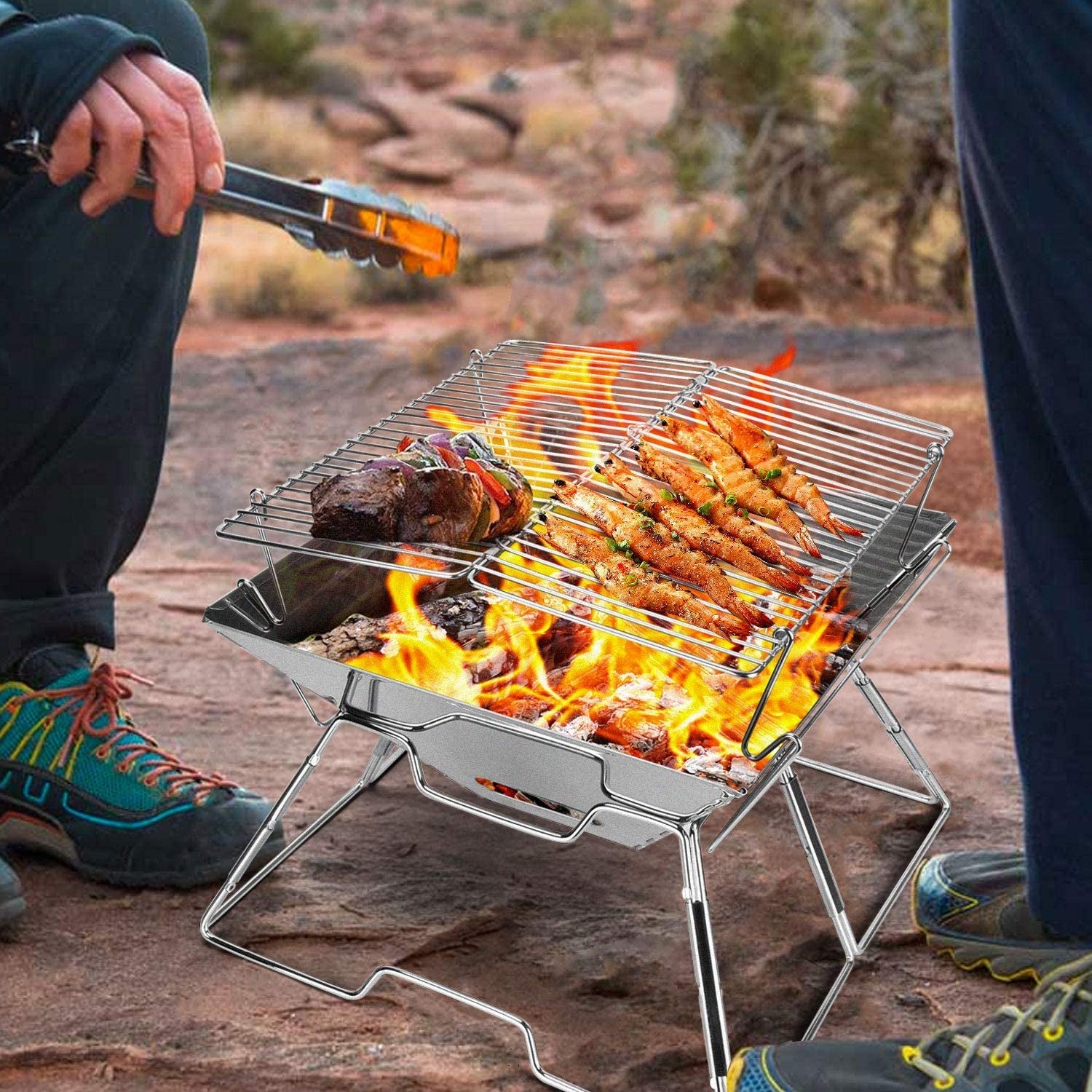 Odoland Folding Campfire Grill. 304 Stainless Steel Grate Barbeque Grill. Portable Camping Grill with Legs for Picnics. Backpacking. Outdoor with Carrying Bag and Kitchen Tongs - Image 8