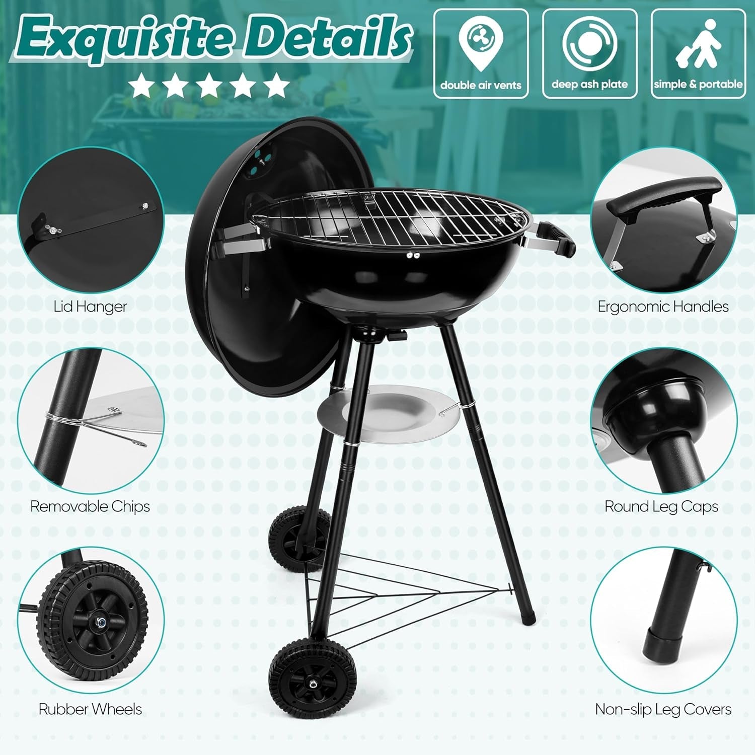 Hasteel 18 Inch Charcoal Grill. Black Kettle Outdoor Barbecue Grill. 2-In-1 Portable BBQ Grill with Wheels for Camping Backyard Patio Picnic. Porcelain-Enameled Lid & Fire Bowl. 254.SQ.IN Cooking Area - Image 3