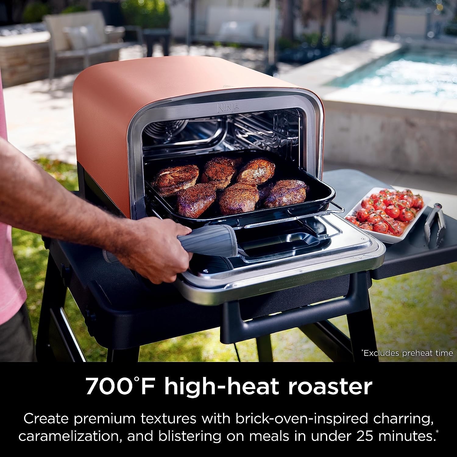 Woodfire Pizza Oven. 8-In-1 Outdoor Oven. 5 Pizza Settings. Woodfire Technology. 700°F High Heat. BBQ Smoker. Wood Pellets. Pizza Stone. Electric Heat. Portable. Terracotta Red. OO101 - Image 5