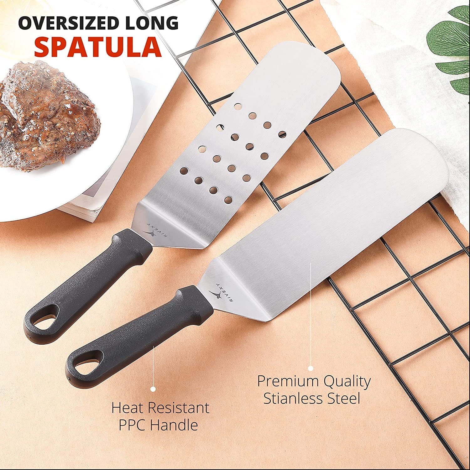 Rivexy 5 Pcs Grill Spatula for Outdoor Grill Premium Quality Metal Spatula for Cast Iron Skillet Durable Flat Top Grill Accessories Great for Outdoor BBQ Teppanyaki and Camping - Image 2