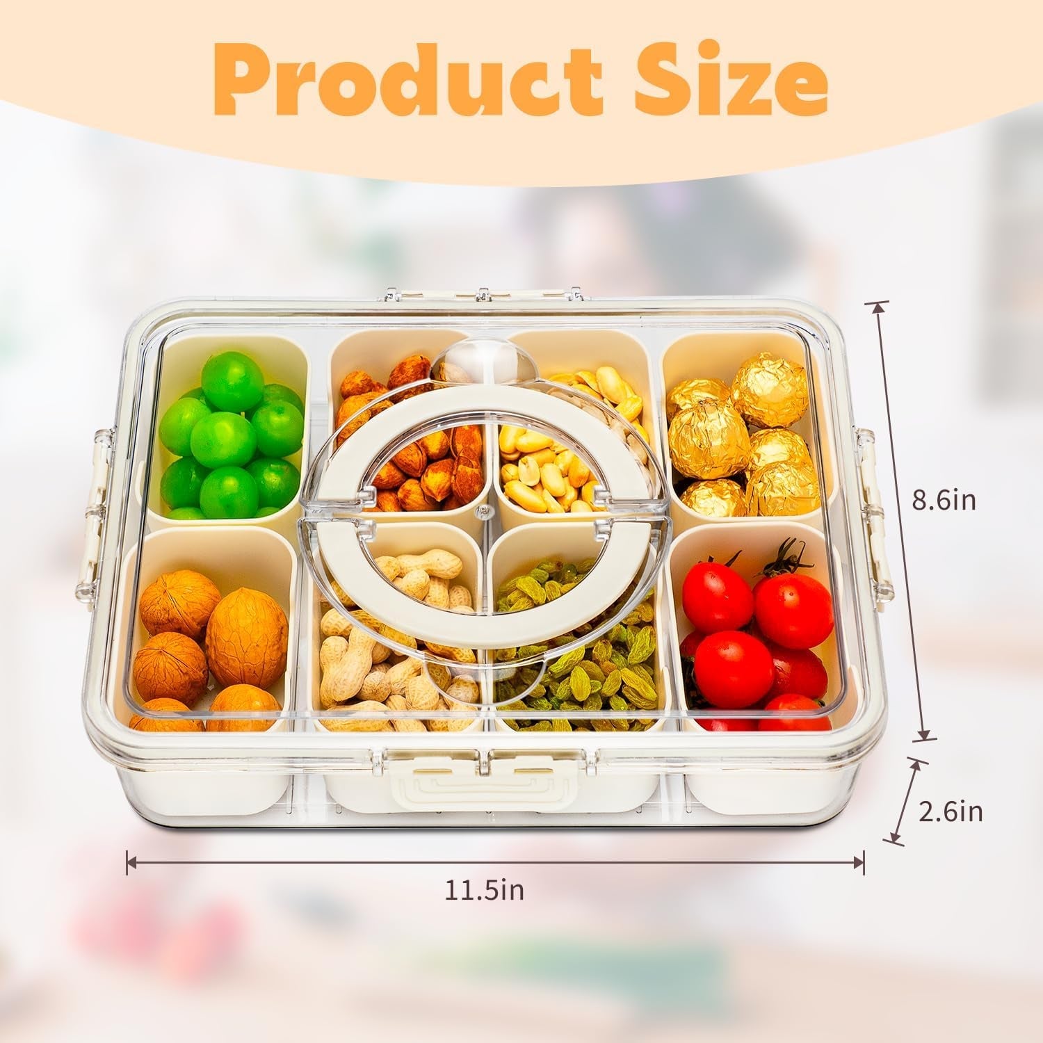 Divided Serving Tray with Lid and Handle.8 Compartments Snacks Box.Snack Fruit and Veggie Tray.Portable Platter for Candy Fruits Nuts Snack Party Entertaining Picnic (1 PCS) - Image 2