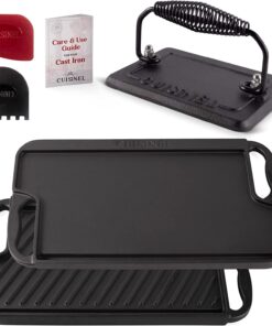 Cast Iron Griddle/Grill + Burger Press + Pan Scrapers - Reversible Pre-Seasoned 16.75 X 9.5-Inch Dual Handle Flat Skillet and Griller Pan + Cleaning Accessories - Indoor/Outdoor Stove Safe