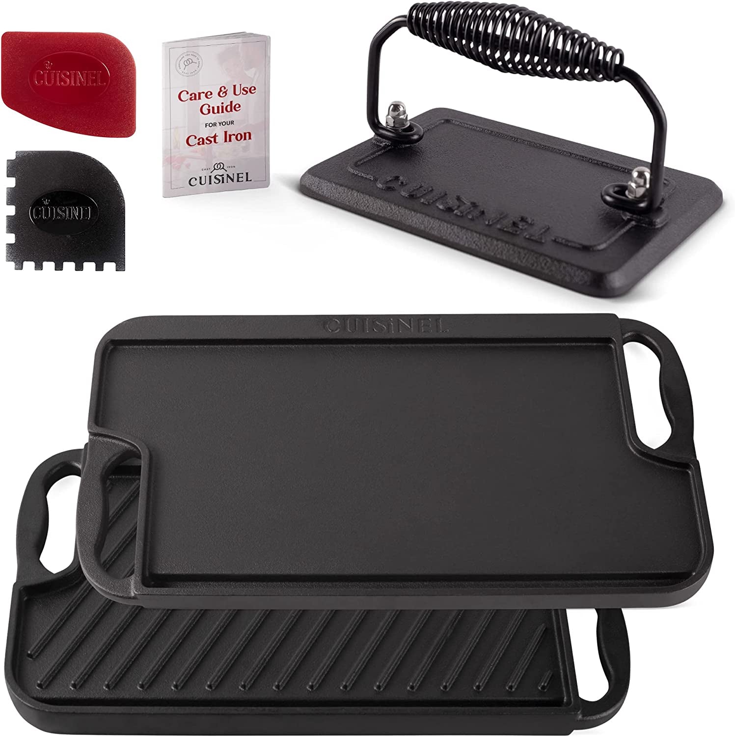 Cast Iron Griddle/Grill + Burger Press + Pan Scrapers - Reversible Pre-Seasoned 16.75 X 9.5-Inch Dual Handle Flat Skillet and Griller Pan + Cleaning Accessories - Indoor/Outdoor Stove Safe