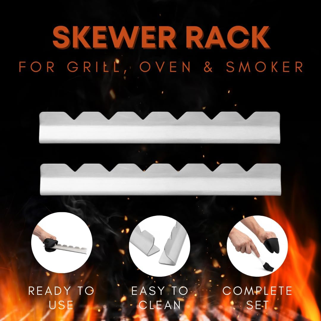 RIMCROW Kabob Rack for Grill. Oven or Smoker; Holds Shish Kebab Skewers for BBQ; Stand Is Compatible with Round. Flat. Metal. or Bamboo Skewer Sticks; Includes Basting Brush and Silicone Mitt - Image 2