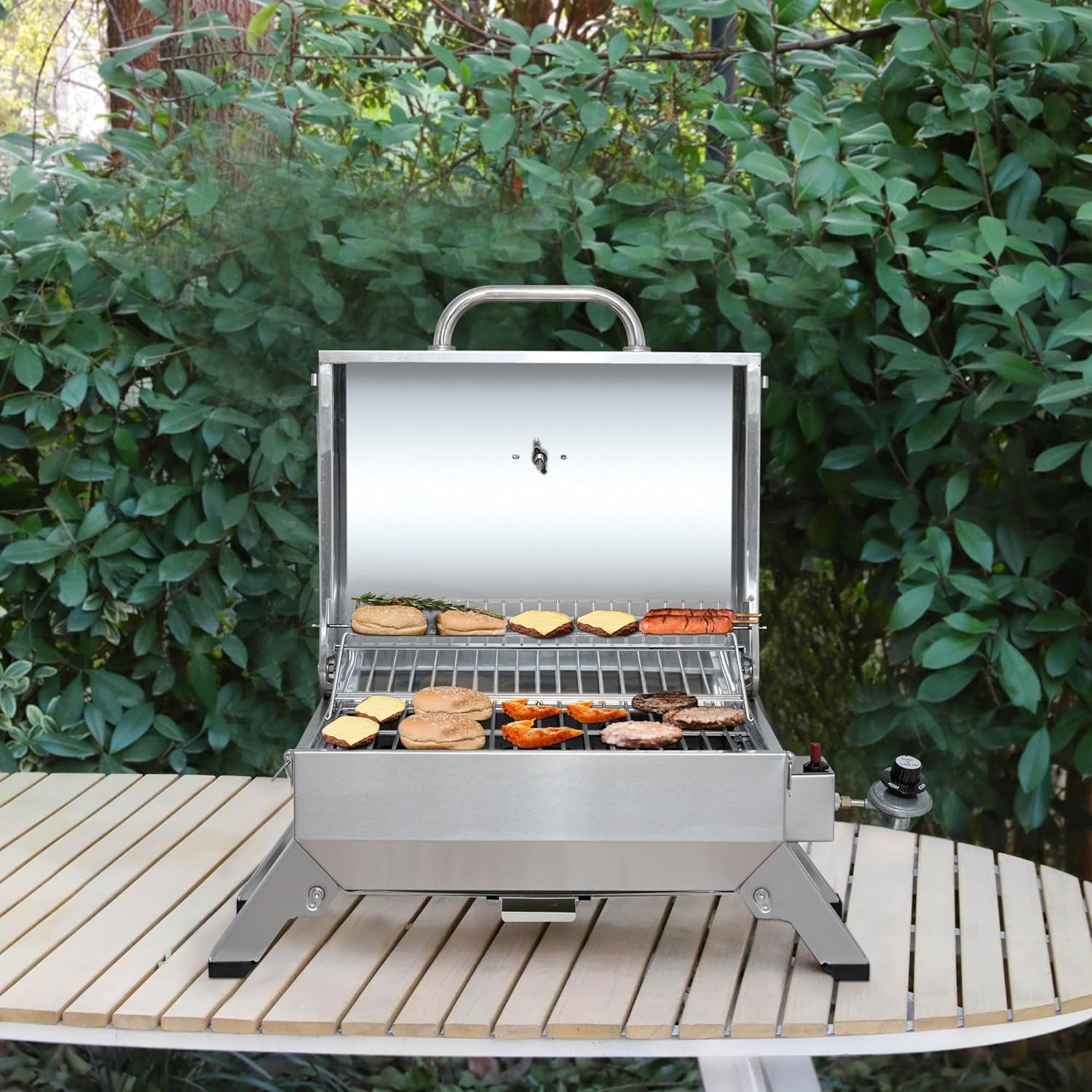 GT1001 Stainless Steel Portable Grill. 10000 BTU BBQ Tabletop Gas Grill with Folding Legs and Lockable Lid. Outdoor Camping. Deck and Tailgating. Silver - Image 13