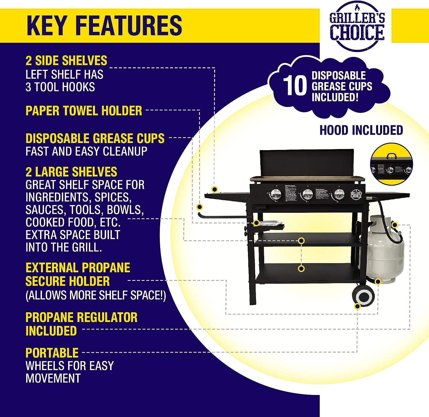 Outdoor Griddle Grill Propane Gas Flat Top - Hood Included. 4 Shelves. Disposable Grease Cups. 36.000 Btu'S. Large Cooking Area. Paper Towel Holder. - Image 3