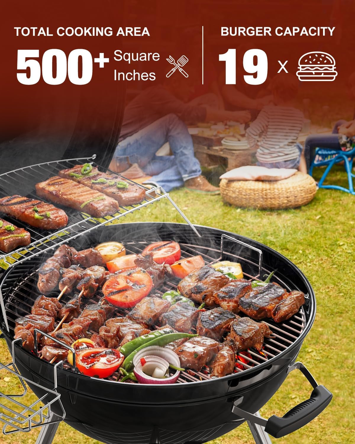 22 Inch Premium BBQ Charcoal Grill. Outdoor Barbecue Kettle Grill. Smoker Grills over 500 Square Inches 2-Tier Cooking Space. Perfect for Outdoor BBQ Party and Patio. Black - Image 2