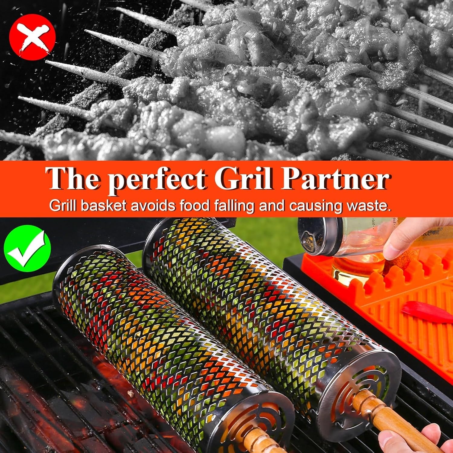 Rolling Grill Baskets(2 PCS).304 Stainless Steel with Removable Wooden Handle. Rolling Grilling Net for Vegetables. Shrimp. Fish. BBQ Accessories for Outdoor Cooking. Camping. Birthday Gifts for Men. Dad. Husband - Image 7