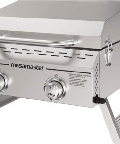 Megamaster Premium Outdoor Cooking 2-Burner Grill. While Camping. Outdoor Kitchen. Patio Garden. Barbecue with Two Foldable Legs. Silver in Stainless Steel