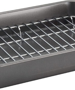Farberware Bakeware Nonstick Steel Roaster with Flat Rack. 11-Inch X 15-Inch. Gray