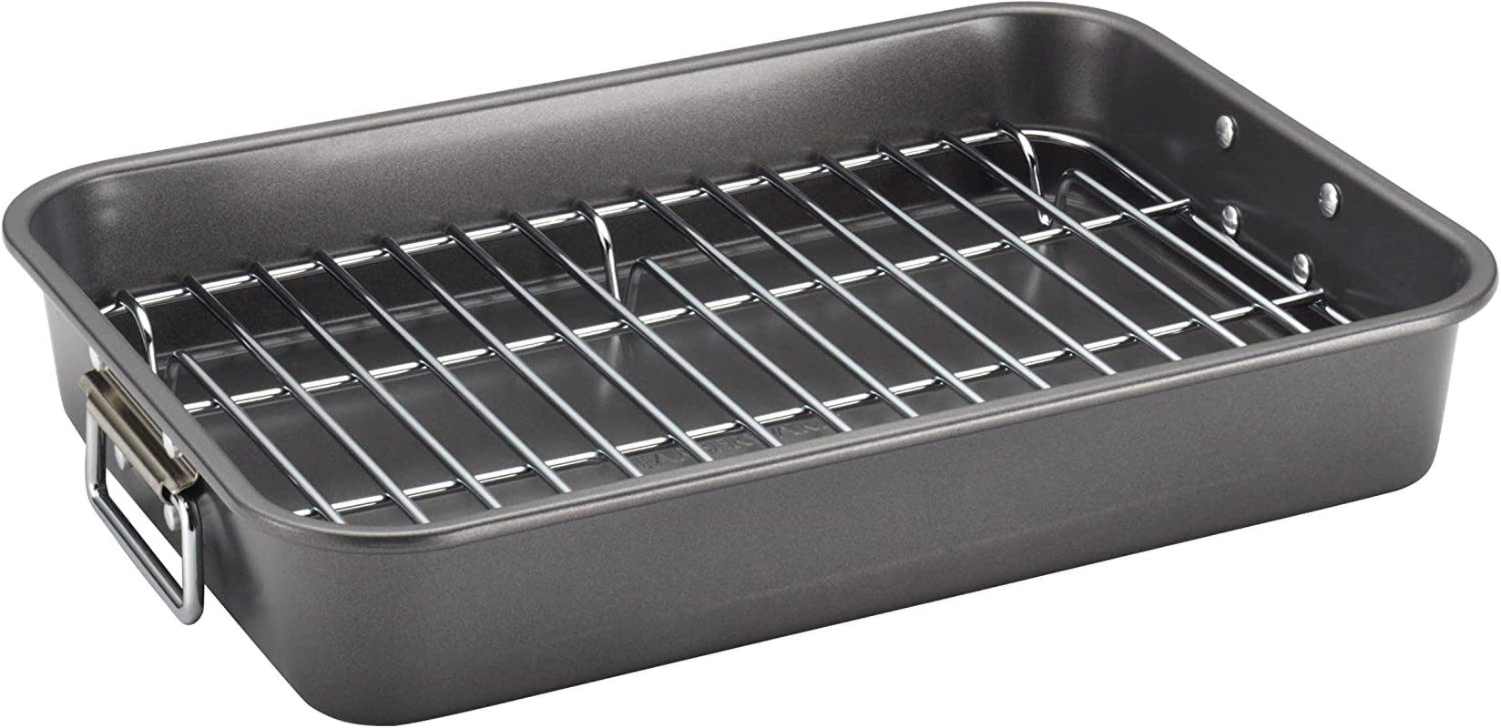 Farberware Bakeware Nonstick Steel Roaster with Flat Rack. 11-Inch X 15-Inch. Gray