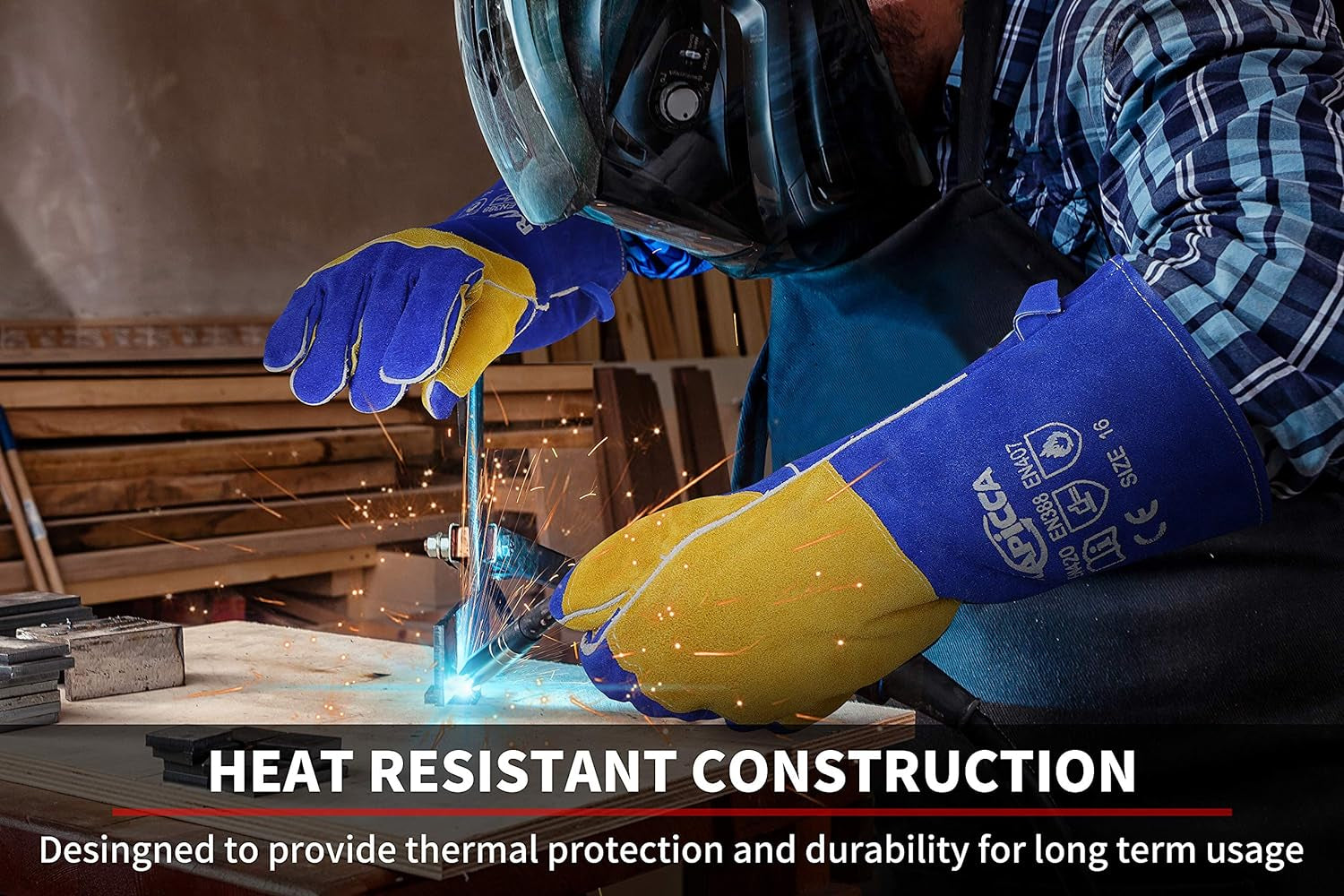 Welding Gloves Blue 16 Inches.932℉. Leather Forge/Mig/Stick Welding Gloves Heat/Fire Resistant. Mitts for Oven/Grill/Fireplace/Furnace/Stove/Pot Holder/Bbq/Animal Handling - Image 2