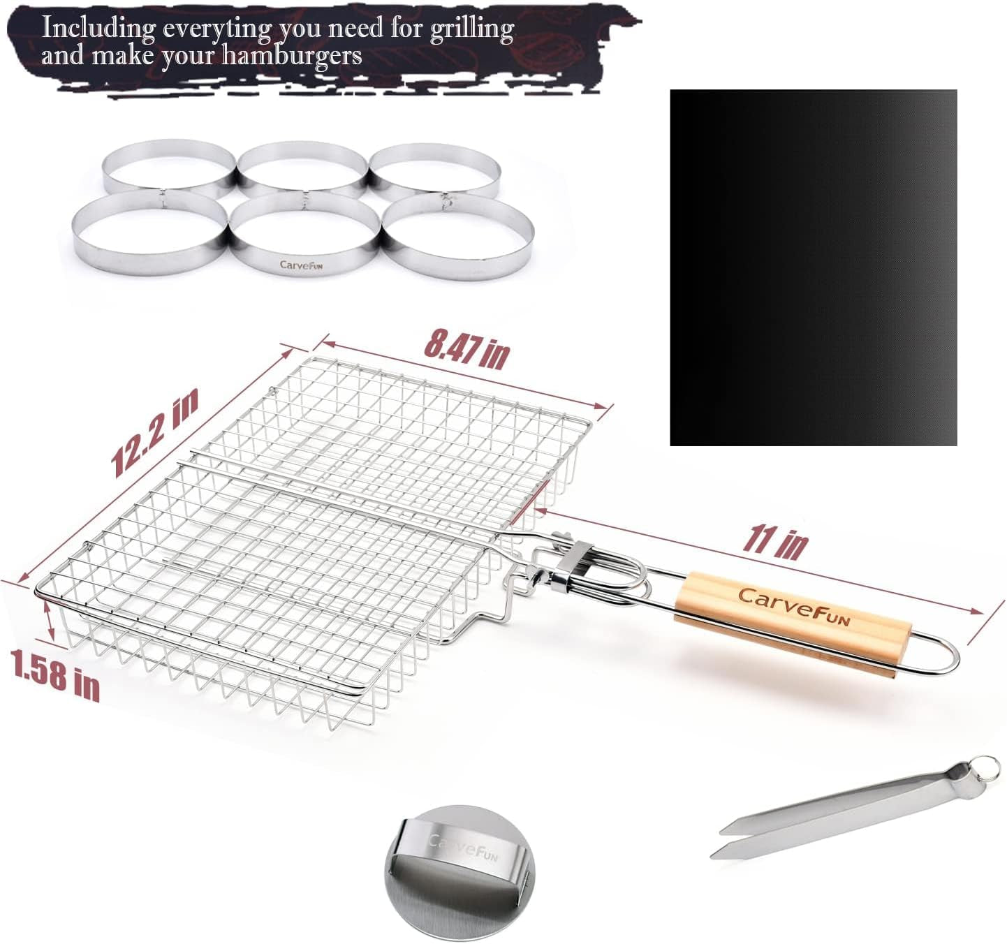 Grill Basket Stainless Steel BBQ Grilling Basket with Burger Press Set.Grill Basket for Fish.Vegetables BBQ Camping Accessories Outdoor Grilling Gifts for Men Dad Folding Grill Basket with Removable Handle - Image 6