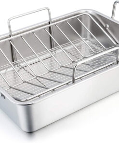 Teamfar Roasting Pan. 15 Inch Large Turkey Roaster Lasagna Pan with V Rack & Cooling Rack Set Stainless Steel for Thanksgiving Christmas. Healthy & Heavy Duty. Deep Side & Dishwasher Safe - 3 PCS