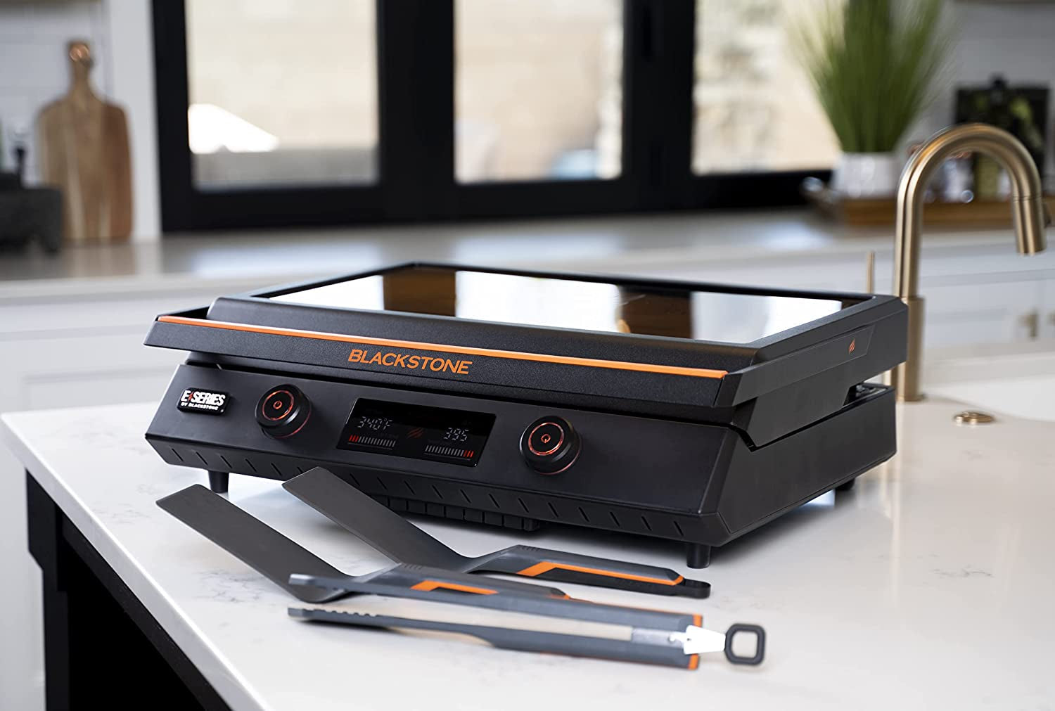 22-Inch Electric Griddle - 1200W Non Stick Ceramic Titanium Coated Stainless Steel Tabletop Griddle with Ez-Touch Control Dial. LCD Display. Patented Rotate & Remove Glass Hood - 8001 - Image 4