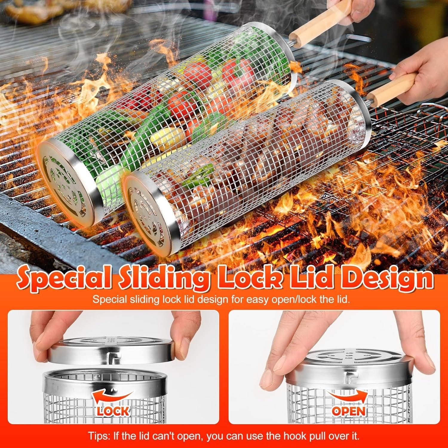 2‑Pack Stainless Steel Rolling Grill Baskets – Locking Handle. Round Design for Fish. Meat & Veggies | BBQ Gift Idea - Image 6