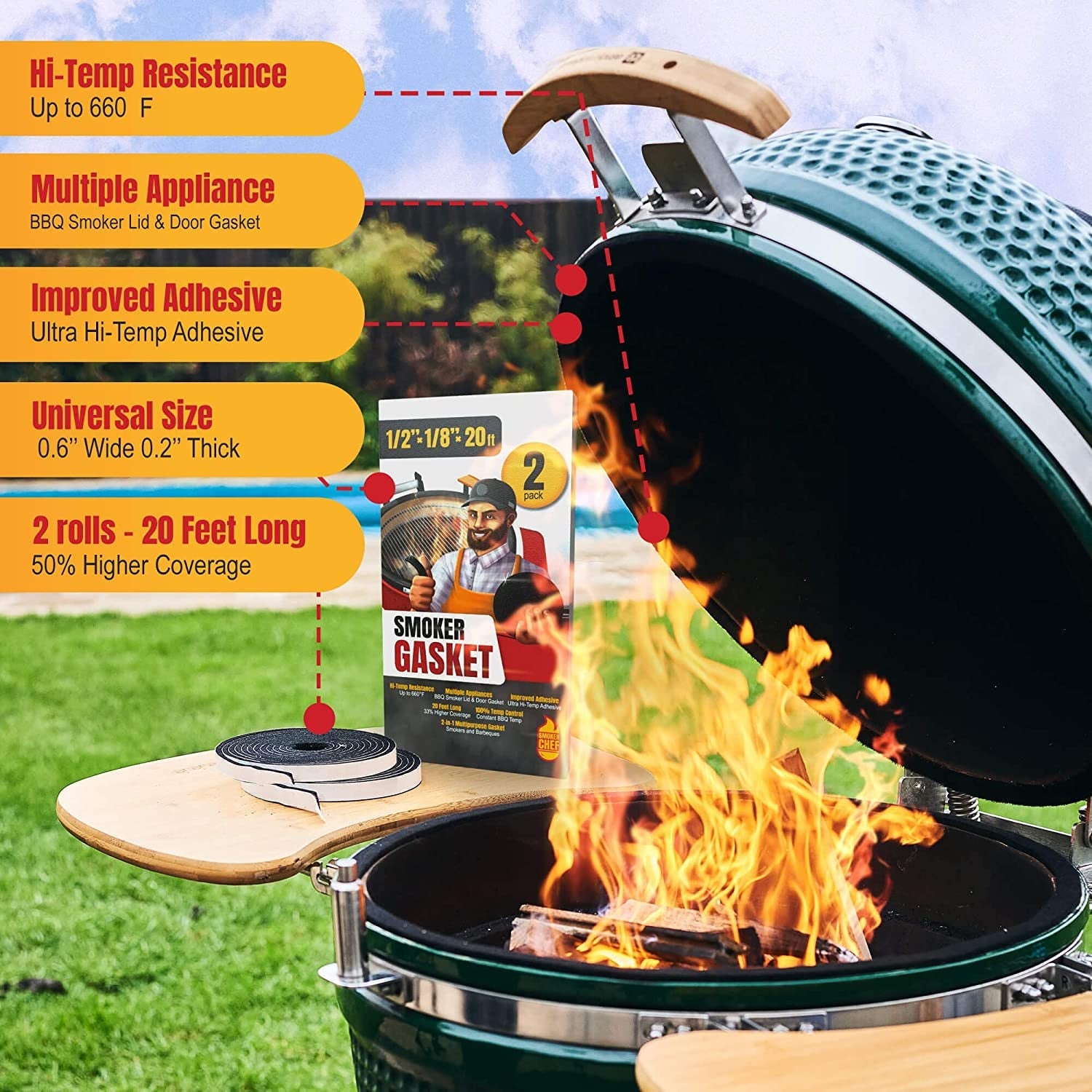 Smoker Chef XXL 20 FT Grill Gasket for Smokers - Black 1/2'' X 1/8'' Hi Temp Seal Smoker Gasket – 2-Pack X 10 FT Self Stick Black Nomex Fire Tape for BBQ Lid – High Heat Temperature Material Replace - Image 3