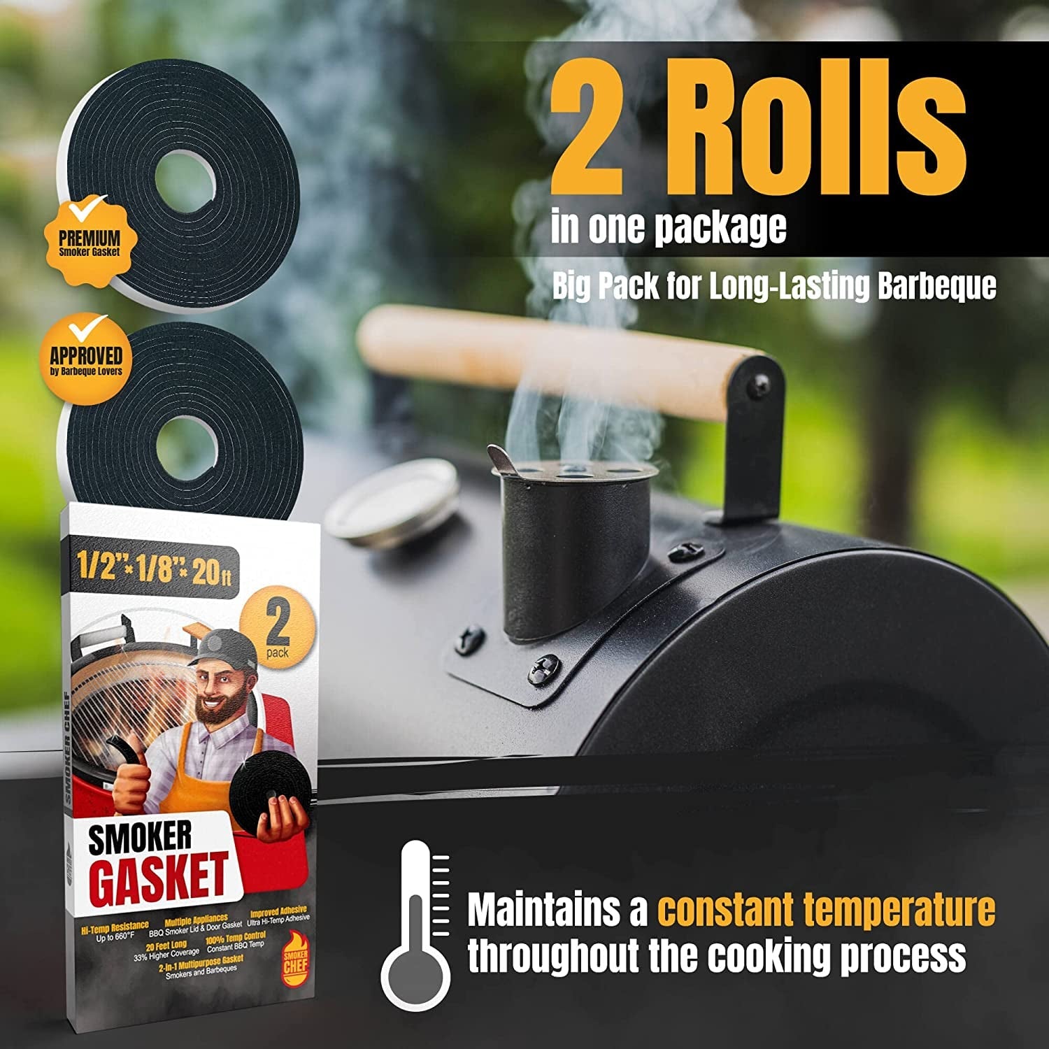 Smoker Chef XXL 20 FT Grill Gasket for Smokers - Black 1/2'' X 1/8'' Hi Temp Seal Smoker Gasket – 2-Pack X 10 FT Self Stick Black Nomex Fire Tape for BBQ Lid – High Heat Temperature Material Replace - Image 2
