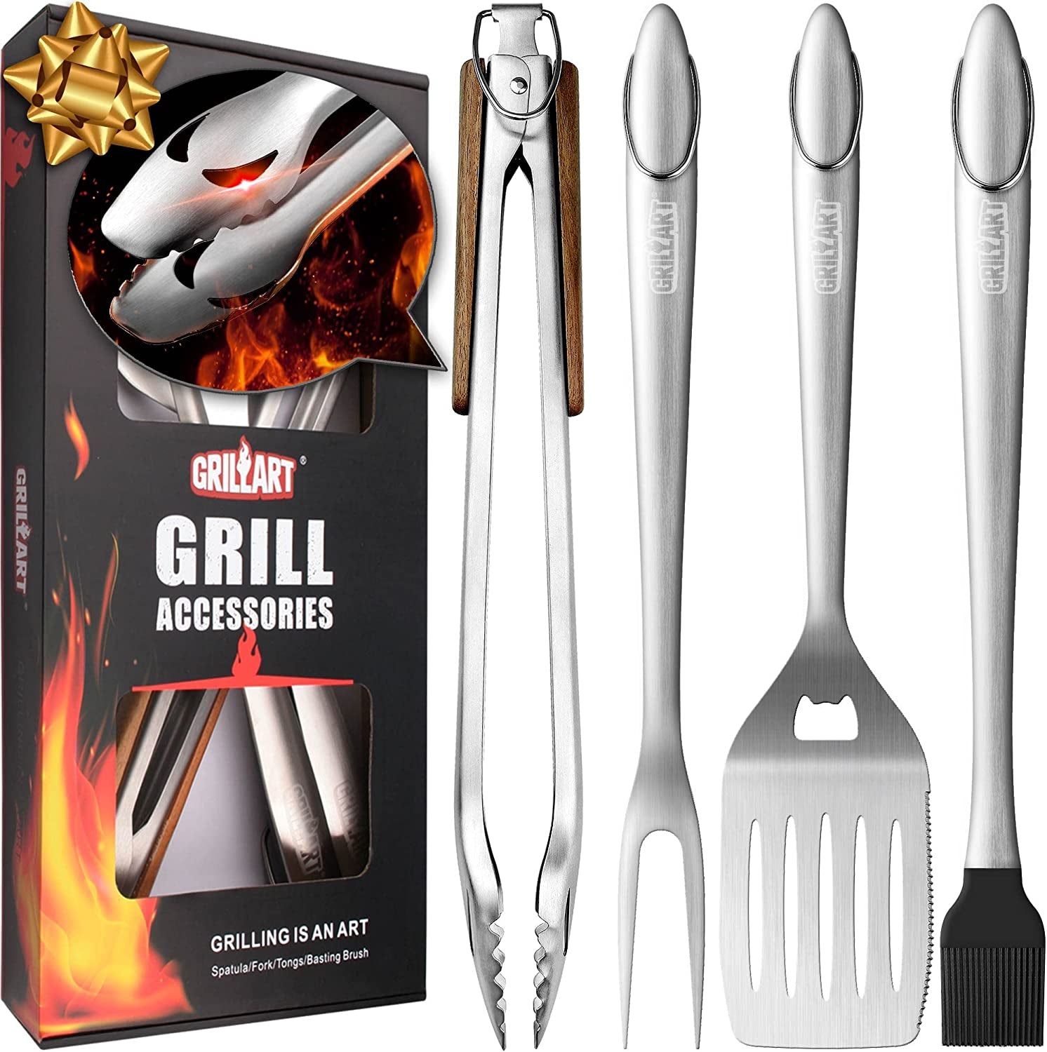 GRILLART BBQ Tools Grill Tools Set - 18Inch Grilling Tools BBQ Set - Grill Accessories W/Bbq Tongs. Spatula. Fork. Brush - Stainless Grill Kit Grilling Set - Gift Ideas BBQ Accessories. Gifts for Men