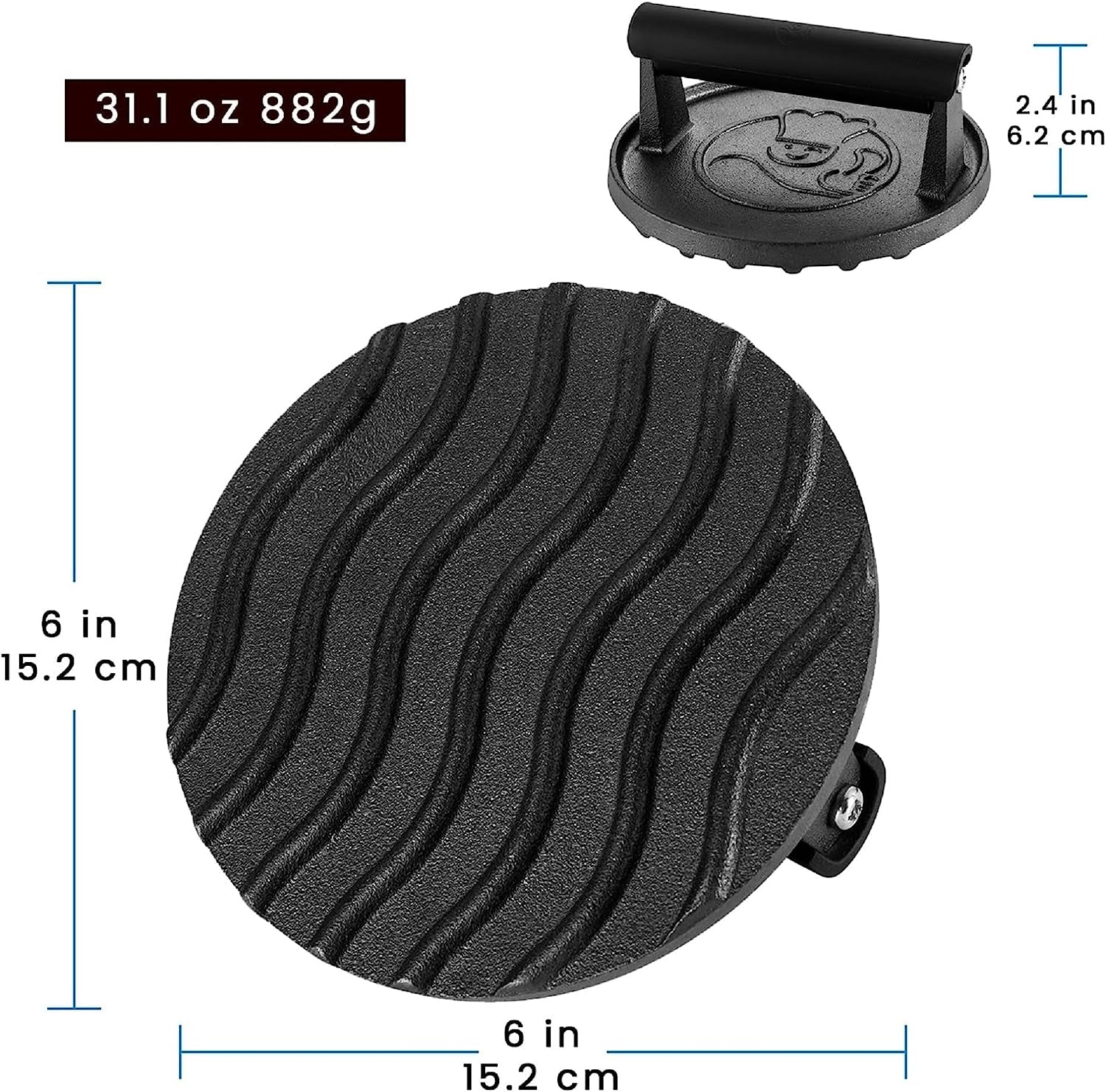 Smash Burger Press - Heavy Duty Hamburger Press W/Heat Resistant Handle - Cast Iron Grill Press. Bacon Press. Sandwich Press - round Burger Smasher for Griddle - Meat Press - BBQ Grilling Accessories - Image 11