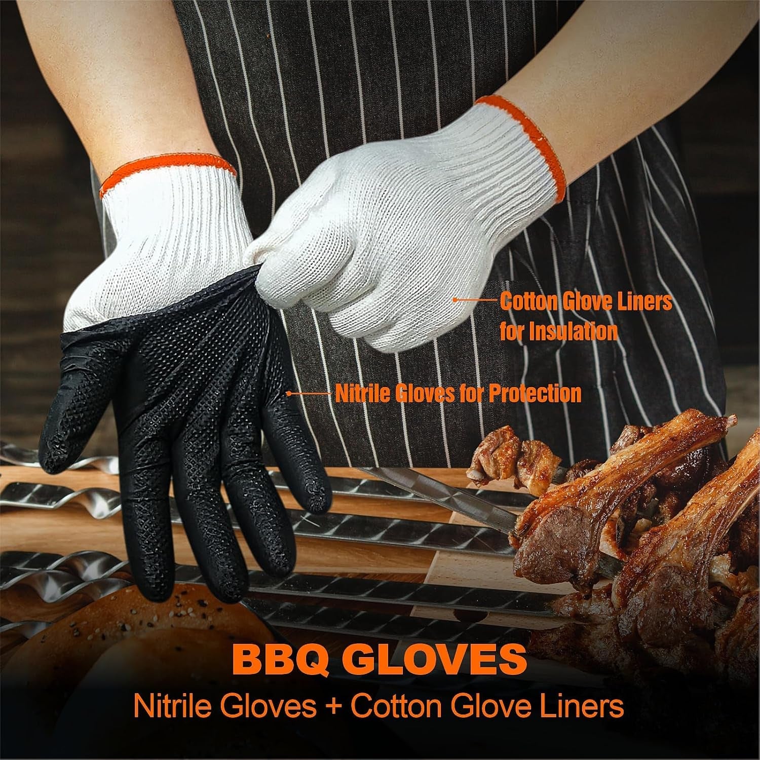 BBQ Gloves for Grilling Disposable Heat Resistant - 100 Nitrile Gloves + 4 Reusable Cotton Liners for Barbecue Smoker. Cooking Hot Meat - 10Mil Thick. Non-Slip Grip - Black Large - Image 2