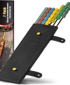 Skoo Barbecue Skewers Set - 7 Silicone Handled Stainless Steel BBQ Skewers + Silicone Storage Bag - 14 Flat Metal Shish Kebab Skewers for Grilling - Reusable Grill Kabob Skewer Sticks + Rollable Bag