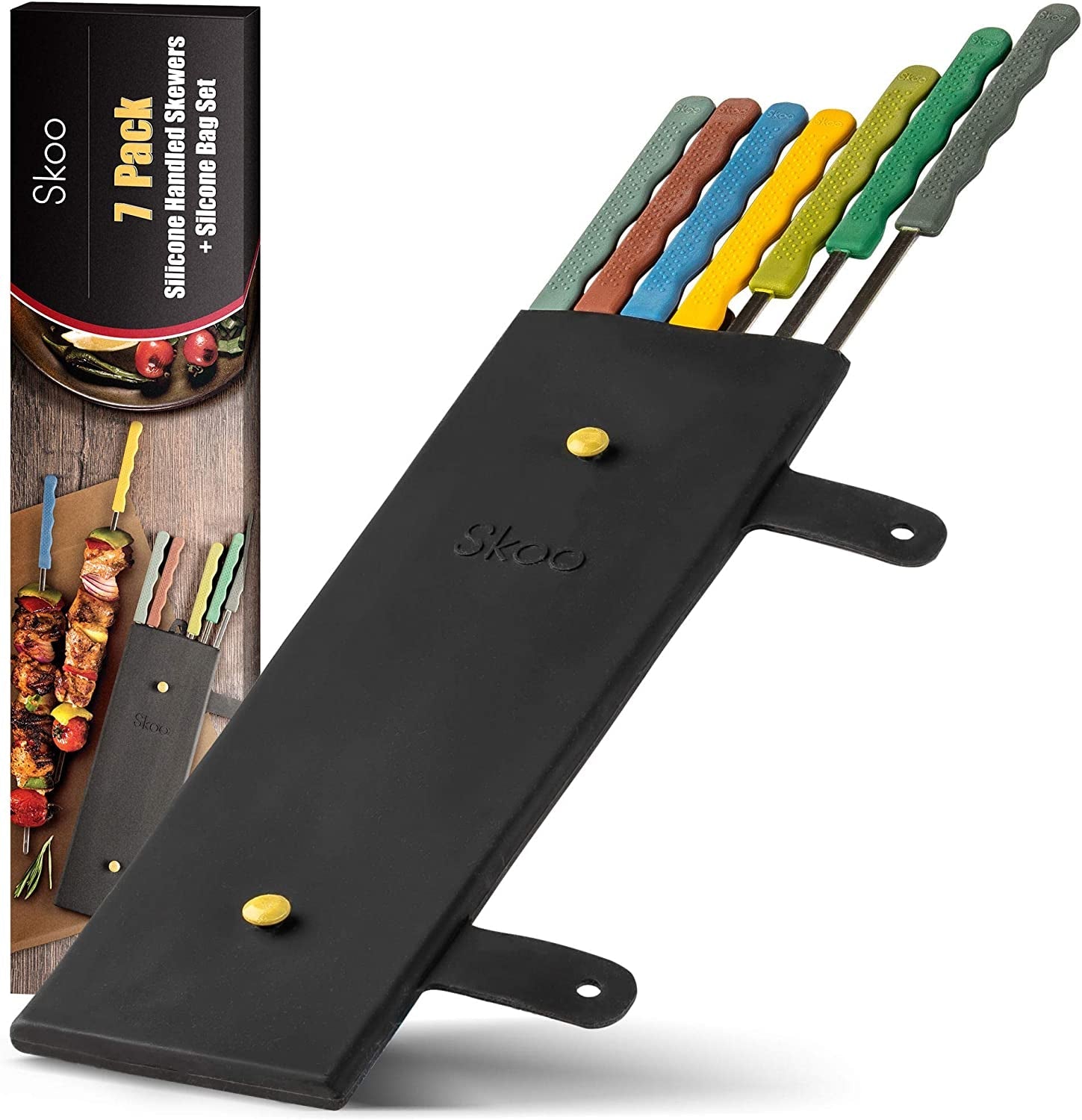 Skoo Barbecue Skewers Set - 7 Silicone Handled Stainless Steel BBQ Skewers + Silicone Storage Bag - 14 Flat Metal Shish Kebab Skewers for Grilling - Reusable Grill Kabob Skewer Sticks + Rollable Bag