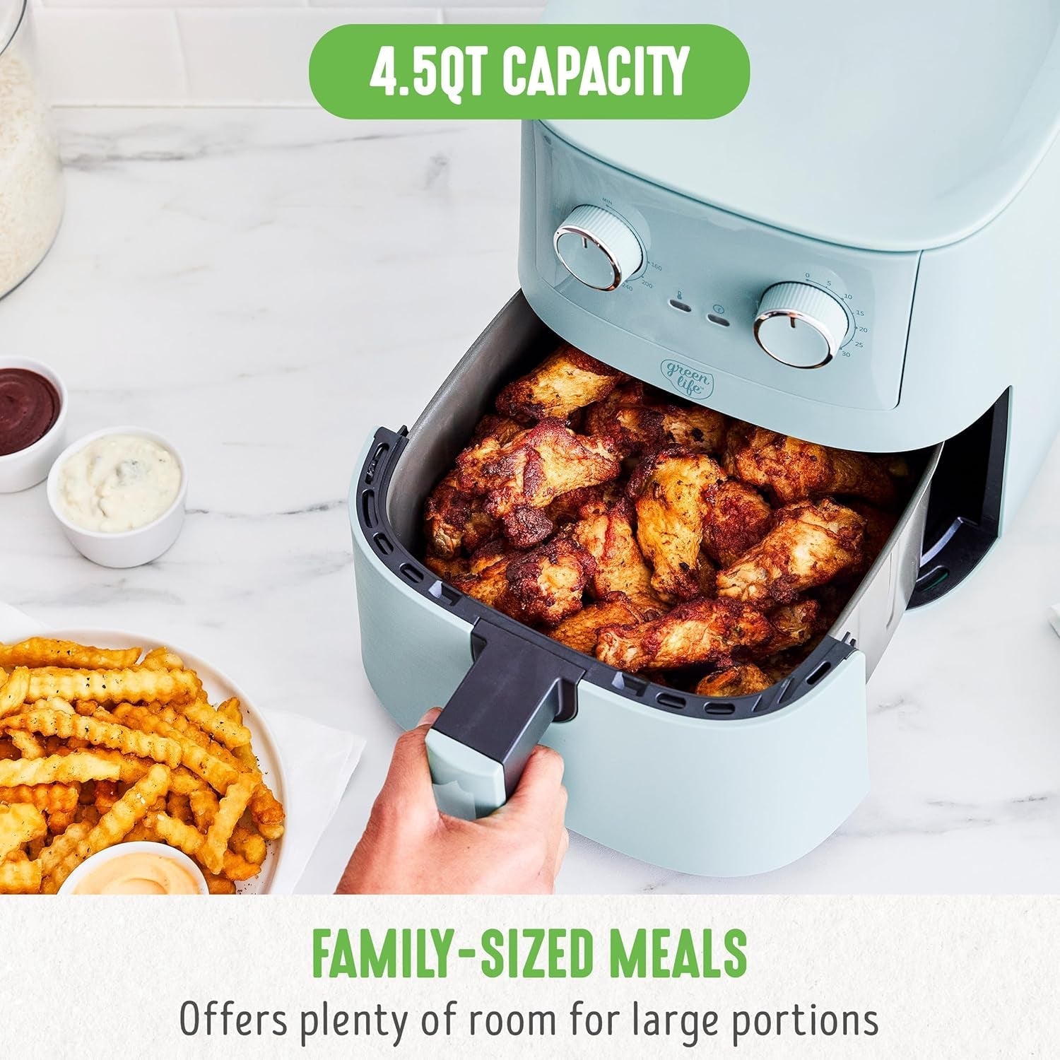 Greenlife 4.5QT Mechanical Air Fryer. Pfas-Free Ceramic Nonstick Crisper Drawer. Adjustable Temperature Timer Dial. LED Indicator. Holiday Gifting. Dishwasher Safe. Kitchen Essential. Blue Haze - Image 4