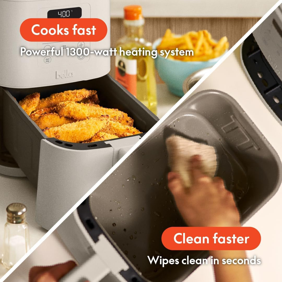 Bella 4Qt Slim Air Fryer. Fits-Anywhere™ Kitchenware. Evergood™ Ceramic Nonstick Coating. Adjustable Temperature. 6 Preset Cooking Options. 60 Min Auto Shutoff W Audible Tone. 3.3Lb Capacity. Oatmilk - Image 4