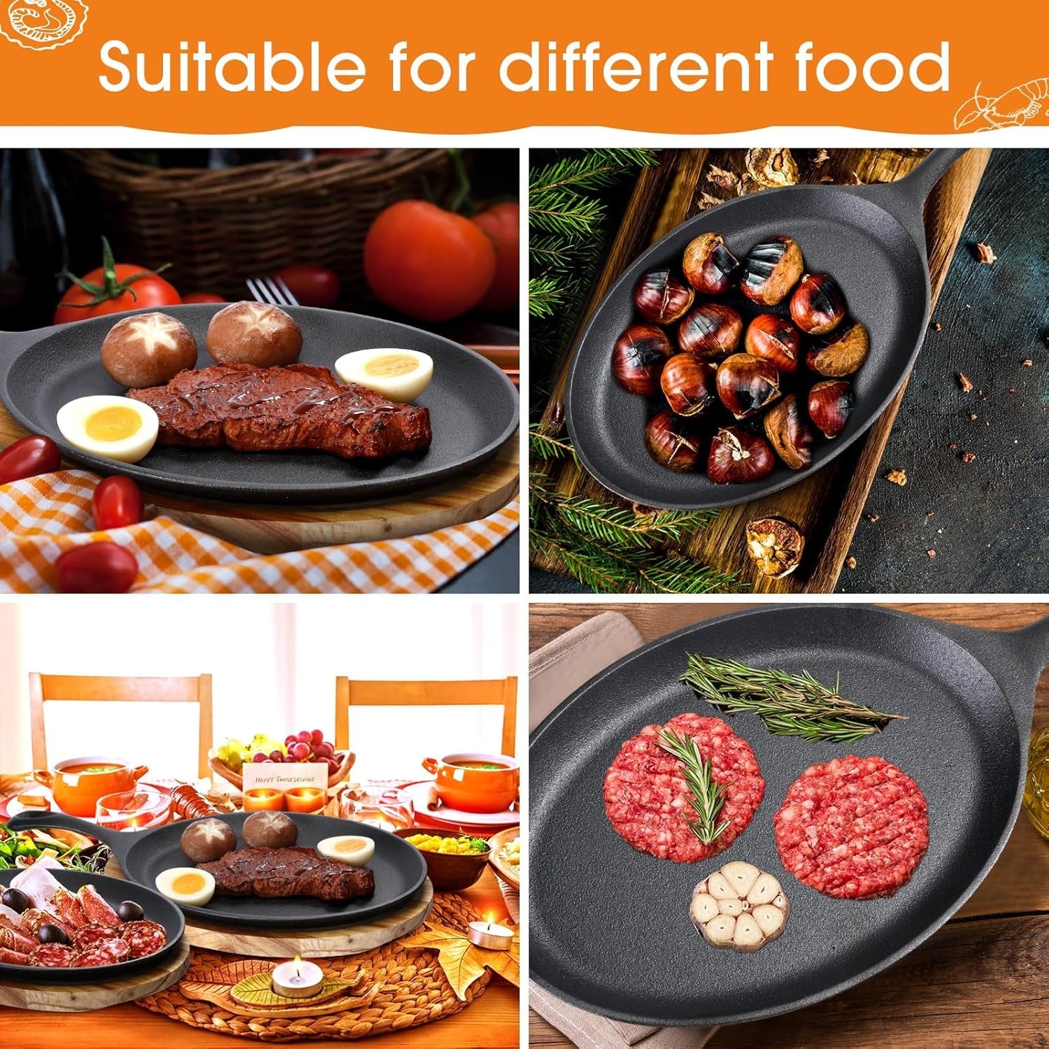 Lallisa 2 Sets Cast Iron Fajita Plate Set Fajita Plate Pan with Wooden Tray anti Scald Protection Hot Mitt Cast Iron Skillet Set for Home Barbecue Kitchen Party Restaurant Catering Service - Image 6