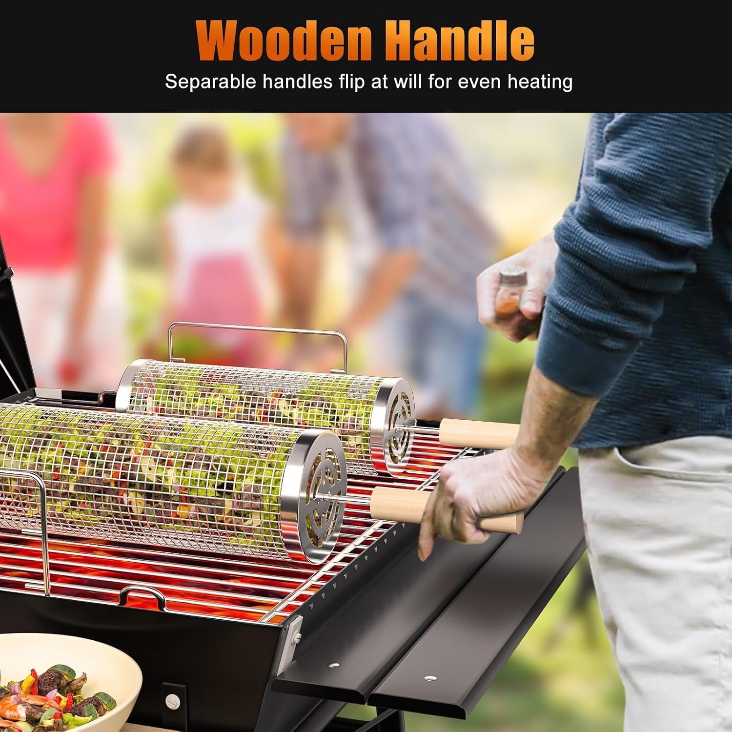 Rolling Grilling Baskets for Outdoor Grill. 2 Pcs BBQ Grill Basket. Stainless Steel Barbeque Grill Accessories Set. Camping Picnic Cooking Tools for Vegetable/Shrimp/Chicken. Gifts for Men Dad Husband - Image 5