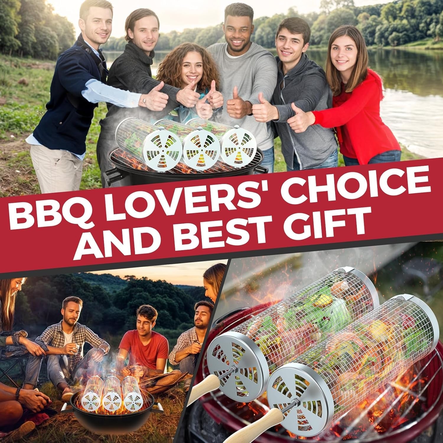 Rolling Grill Basket(2Pcs). Removable Wooden Handle. 304 Stainless Steel. Grilling Accessories Tools for Vegetables Meat Food. Outdoor Camping Grilling. Birthday Gifts for Men Husband Men - Image 7