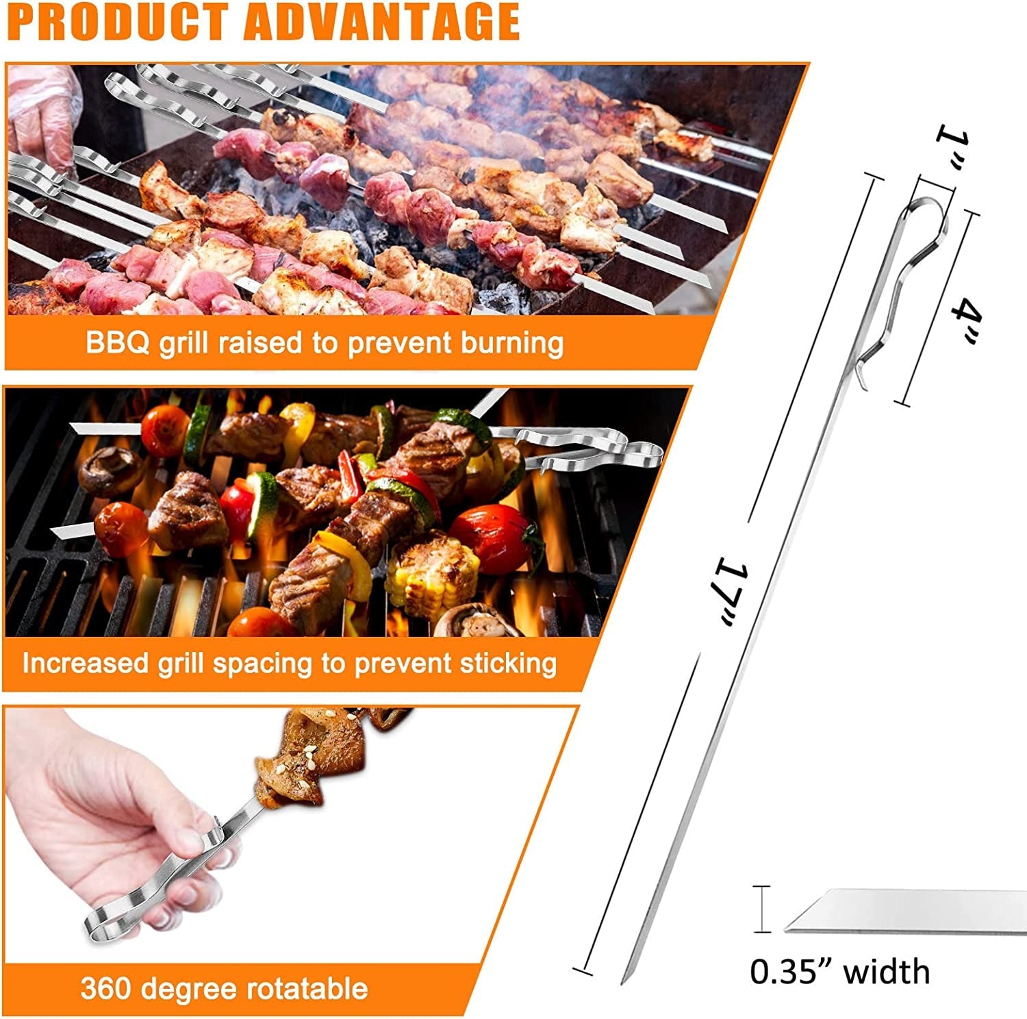 Barbecue Skewer. Bearmoo 17 Stainless Steel Shish Kabob Skewers – 0.35 Width Flat BBQ Metal Skewers for Grilling (Set of 6 Skewers + 2 Grill Racks + 1 Handy Storage) - Image 4