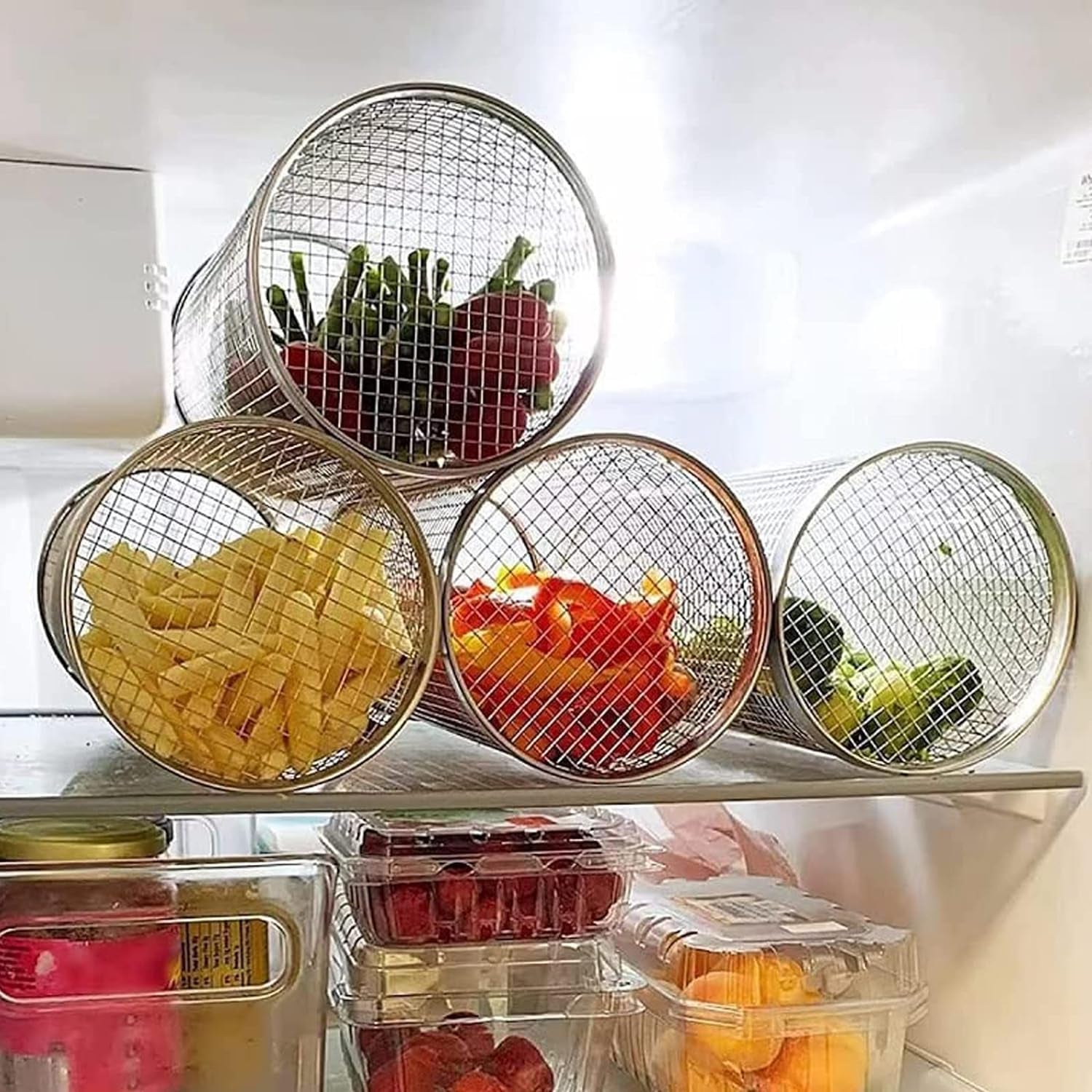 JAYUNSHY Stainless Steel Barbecue Cooking Grill Grate with Cleaning Brush. 12 Inch Rolling Grilling Basket Vegetable Grill Basket round BBQ Grill Mesh Portable Outdoor Camping BBQ Rack - Image 5