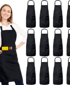 12 Pack Bib Apron. Unisex Restaurant Kitchen Aprons for Women with 2 Pockets. Chef Aprons for Cooking Men BBQ Painting Drawing Craft Plain Adults. Bulk Black