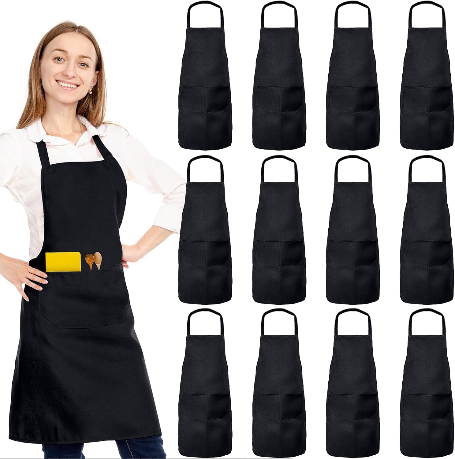 12 Pack Bib Apron. Unisex Restaurant Kitchen Aprons for Women with 2 Pockets. Chef Aprons for Cooking Men BBQ Painting Drawing Craft Plain Adults. Bulk Black - Image 8