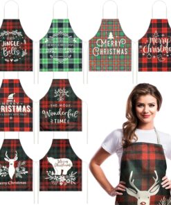 8 Pcs Christmas Buffalo Plaid Aprons Waterproof Holiday Kitchen Aprons Xmas Adjustable Baking Cooking Aprons Merry Christmas Aprons for Women Men Adults Chef Housewife