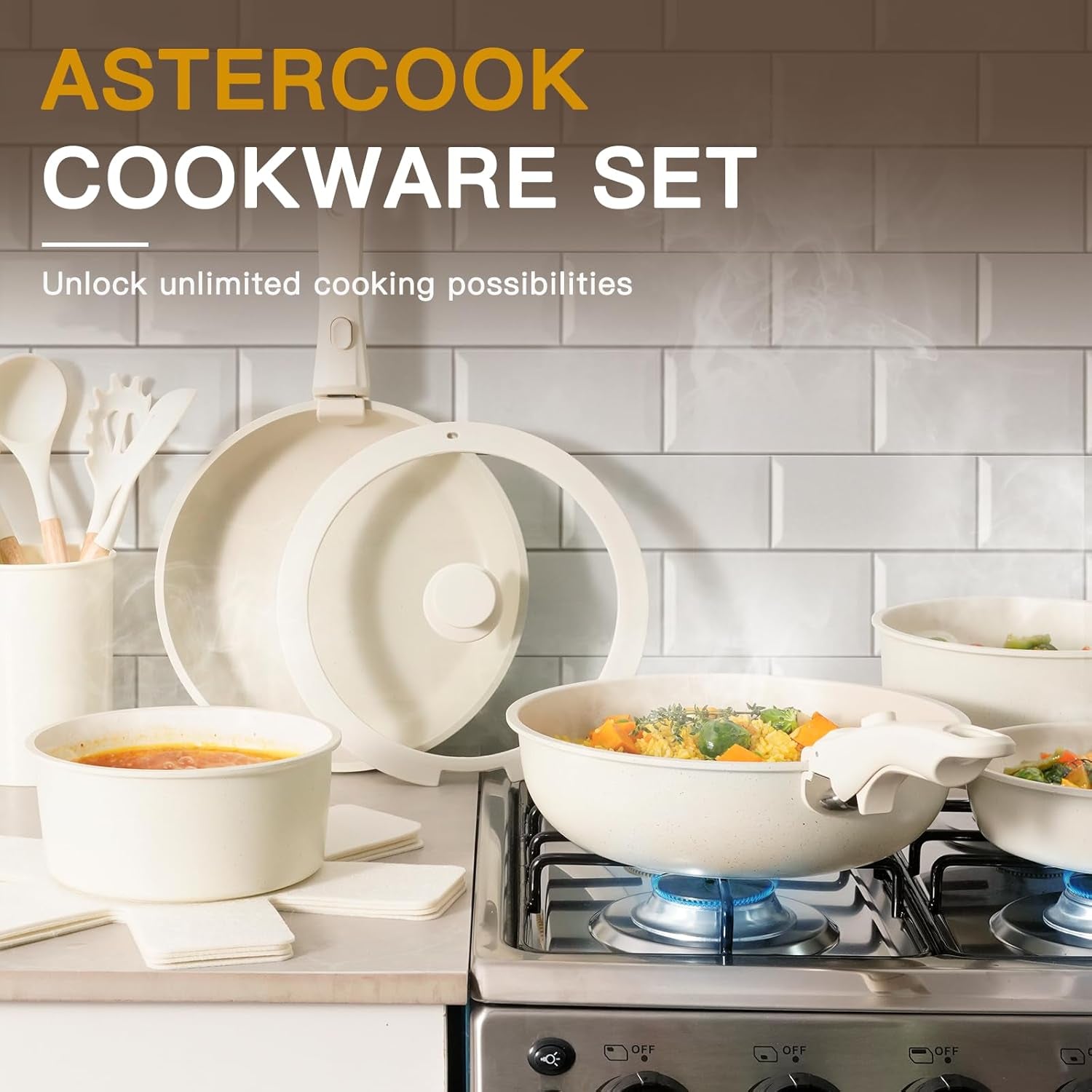 Astercook 21 Pcs Pots and Pans Set Non Stick. Ceramic Cookware Set Detachable Handle. RV Kitchen Cooking Set Removable Handles. Oven Safe. Induction Ready. Stackable Non-Stick Set. Cream White - Image 5
