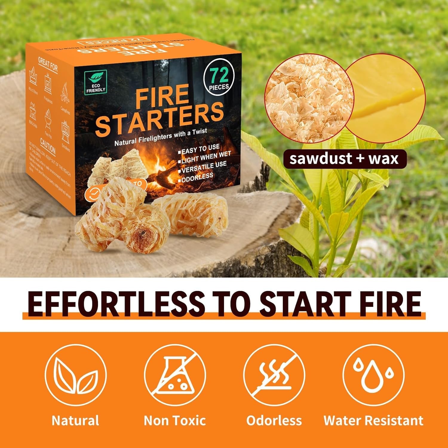 Realcook Natural Fire Starter for Campfires: All Weather Firestarters - Odorless Charcoal Starters for Grill | Fire Pit | Indoor Fireplaces | BBQ | Wood Stove | Smoker - 72 Counts - Image 5