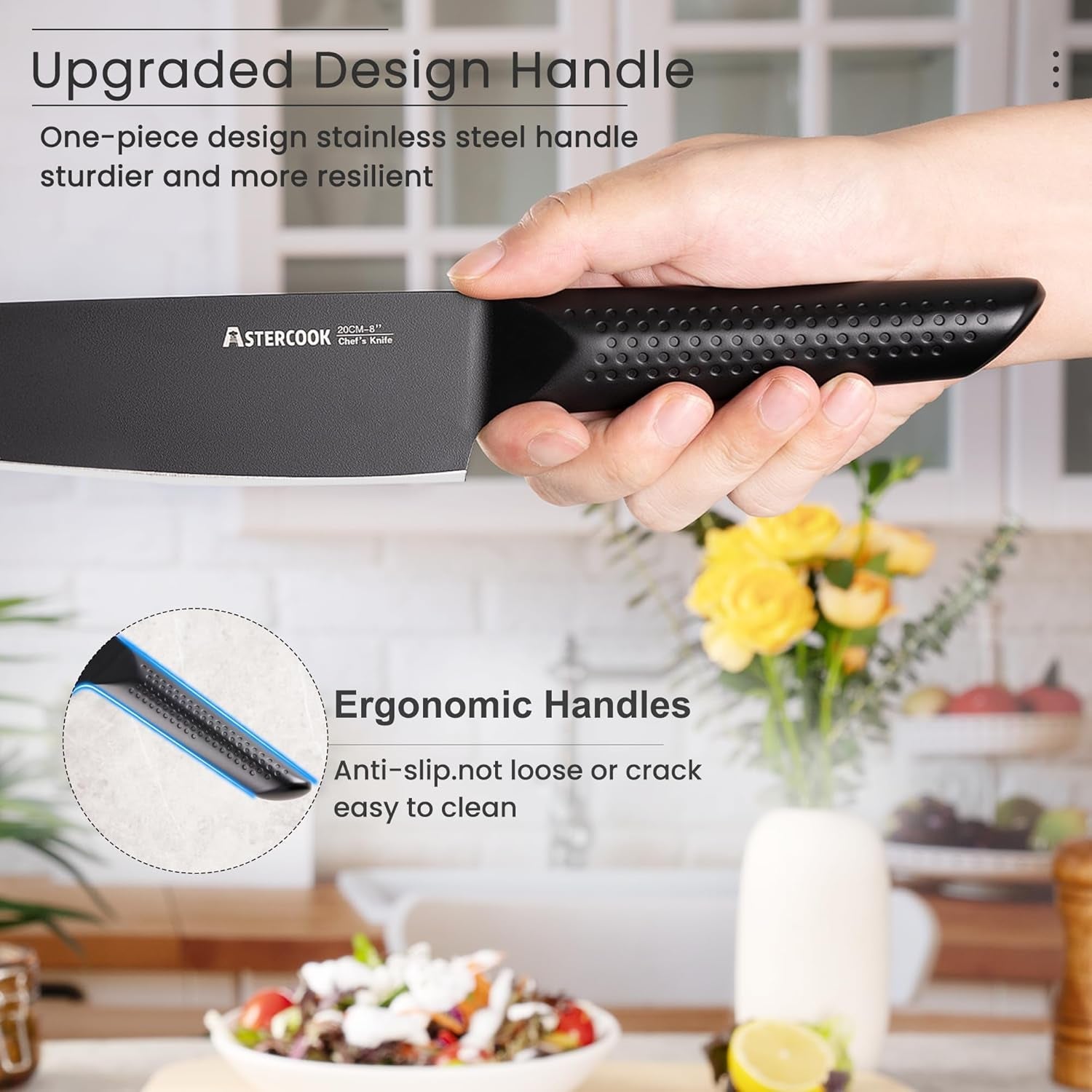Astercook Knife Set. 15 Pieces Kitchen Knife Sets with Block and Built-In Knife Sharpener. German Stainless Steel Handle One-Piece Design Knives Block Set Dishwasher Safe. Black - Image 3