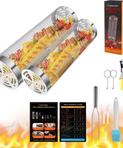 Grill Basket 2 PCS. Rolling Grill Baskets for Outdoor Grill. Grilling Accessories. Stainless Steel BBQ Net Tube Baskets with Oil Sprayer for Veggies. Shrimp. Grilling Gifts for Men