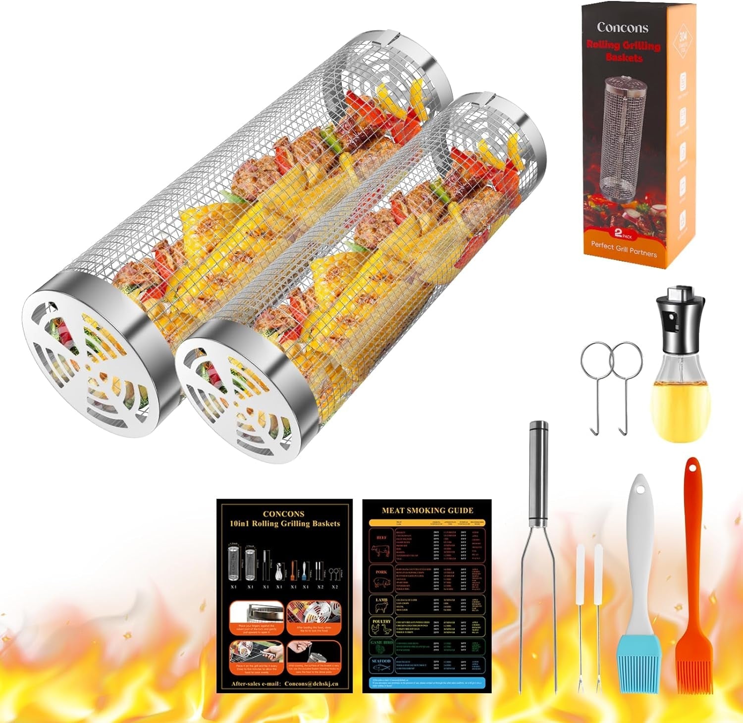 Grill Basket 2 PCS. Rolling Grill Baskets for Outdoor Grill. Grilling Accessories. Stainless Steel BBQ Net Tube Baskets with Oil Sprayer for Veggies. Shrimp. Grilling Gifts for Men