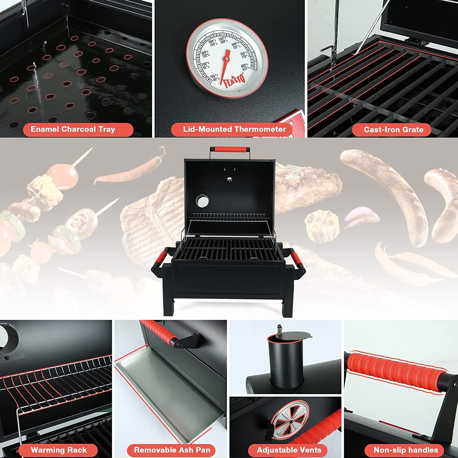 Feasto Portable Charcoal Grill Grates with Cast Iron Grill. Anti-Scalding Handles.Tabletop Grill with 354 Square Inches Cooking Area. for Outdoor Camping and Picnic. Black. L26.8''X W20''X H21.3'' - Image 6