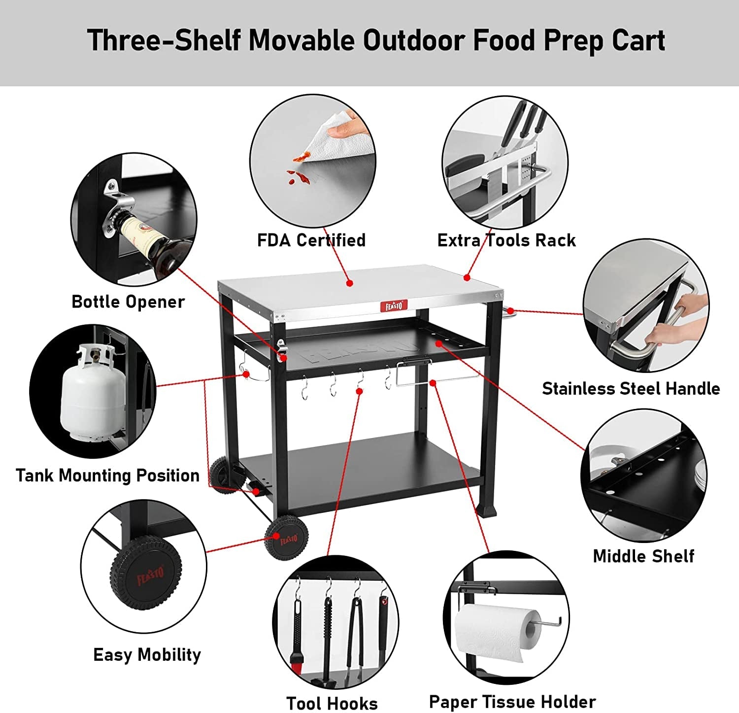 3-Shelf Movable Food Prep and Pizza Oven Table. BBQ Grilling Table. Home & Outdoor Multifunctional Stainless Steel Table Top Worktable on 2 Wheels. L39.5 X W25.6 X H33 - Image 3