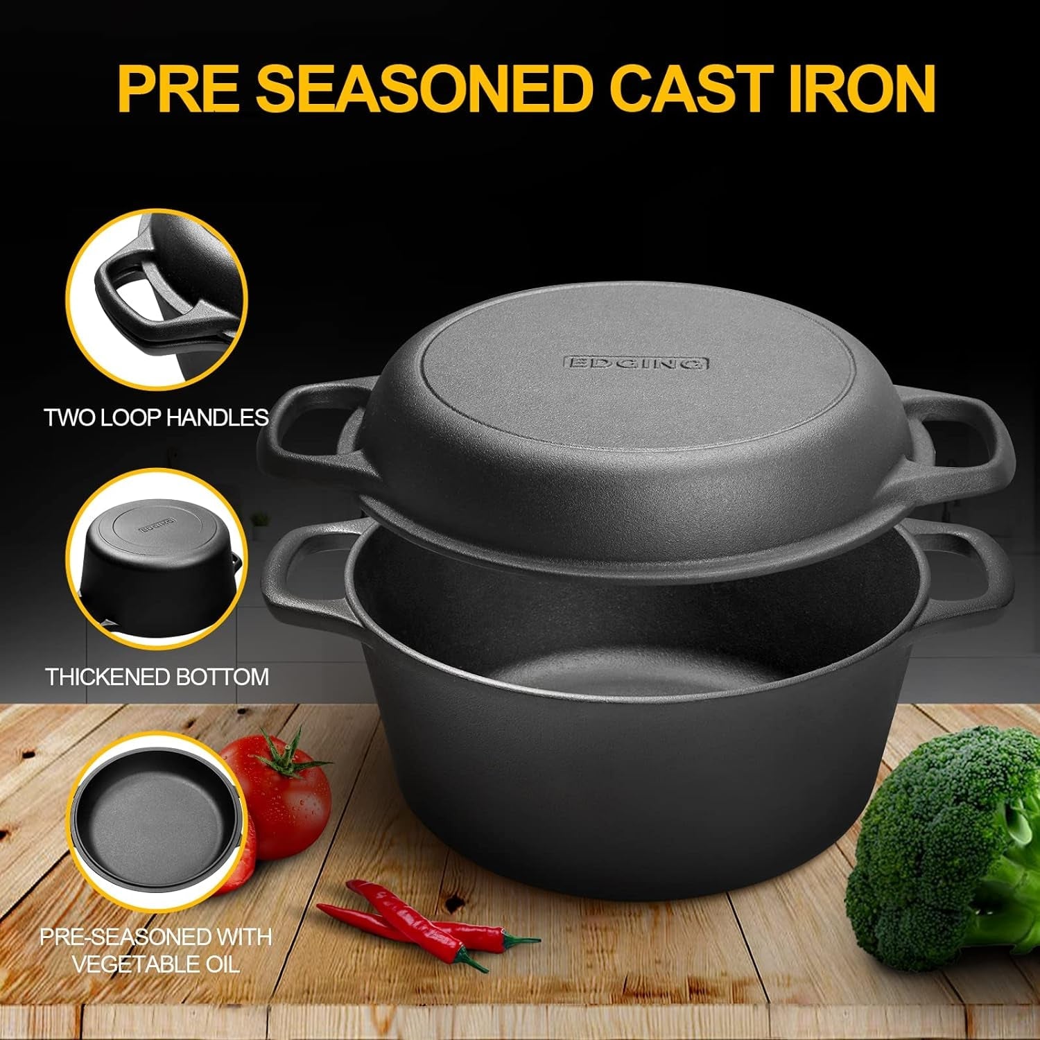 2-In-1 Pre-Seasoned Cast Iron Dutch Oven Pot with Skillet Lid Cooking Pan. Cast Iron Skillet Cookware Pan Set with Dual Handles Indoor Outdoor for Bread. Frying. Baking. Camping. BBQ. 5QT - Image 5
