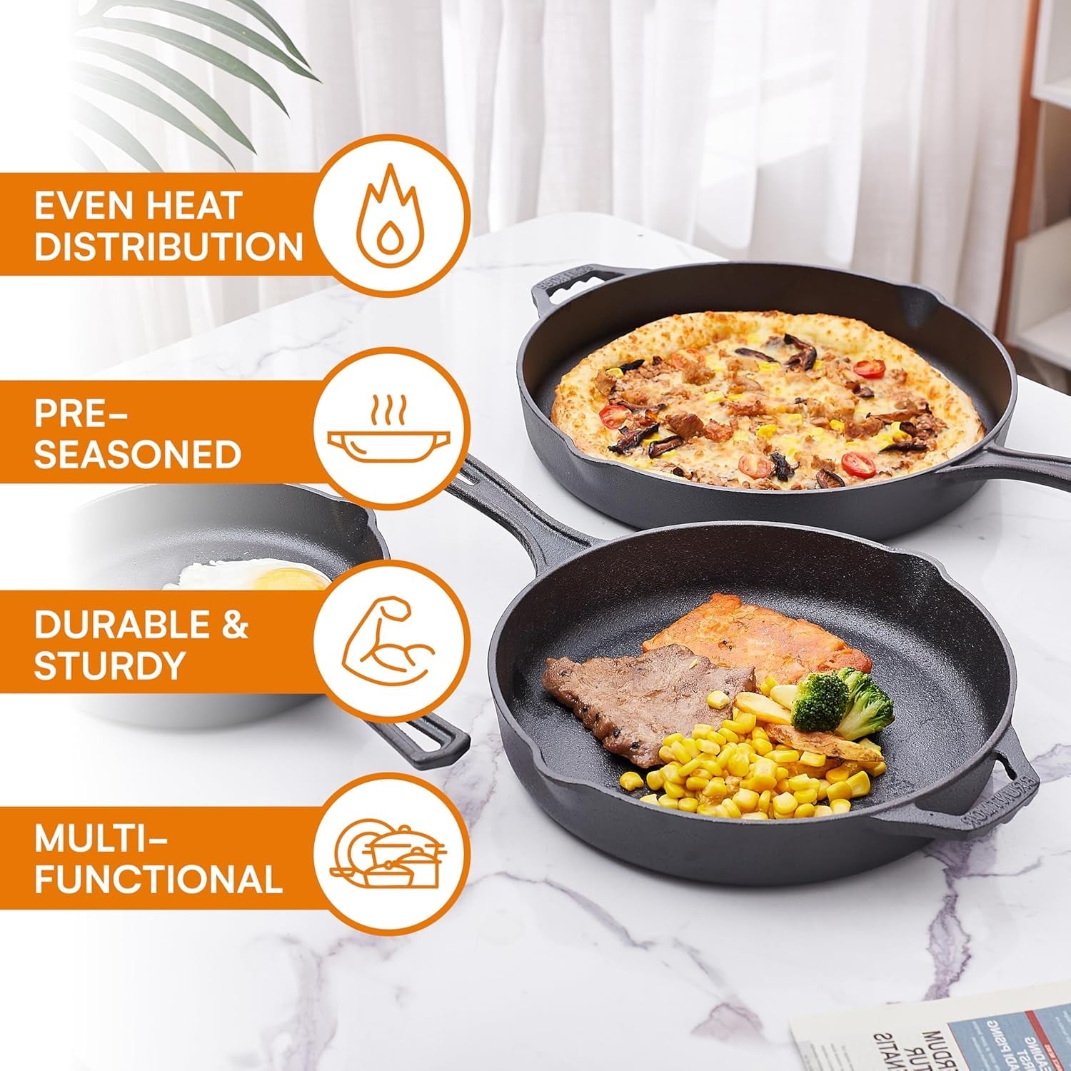 Pre Seasoned 6 Pcs Pots and Pans Set - Bruntmor Double Dutch Oven Crockpot - Cooking Set - Cast Iron Skillets and Square Grill Pan with Lid - Outdoor Camping Cookware - Kitchen Accessories - Image 4