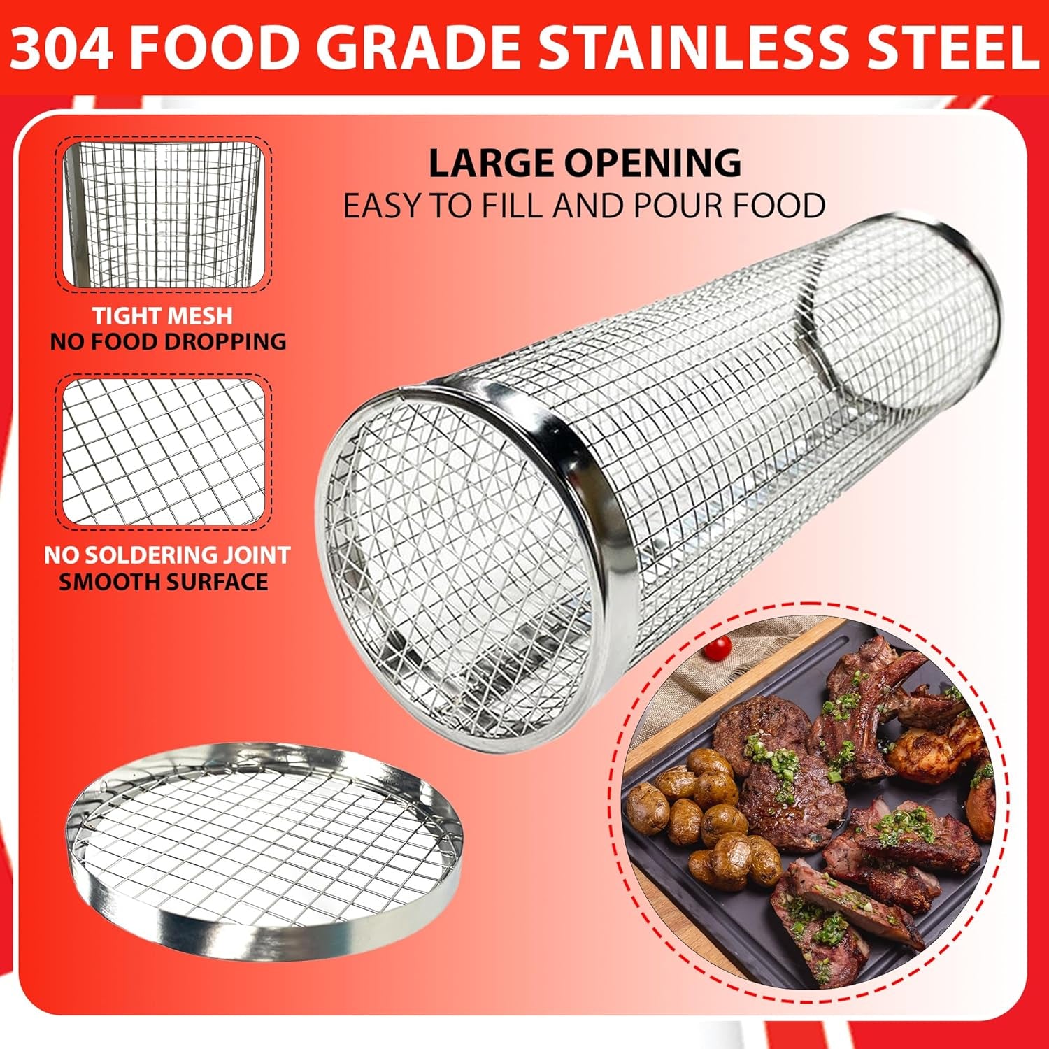 Sunmikosh Rolling Grilling Basket - Barbecue Portable Roll Grill Basket for Outdoor Camping - Stainless Steel BBQ Net Tube Grill Basket. Suitable for Fish. Kabob. Meat. Vegetables. French Fries - Image 8
